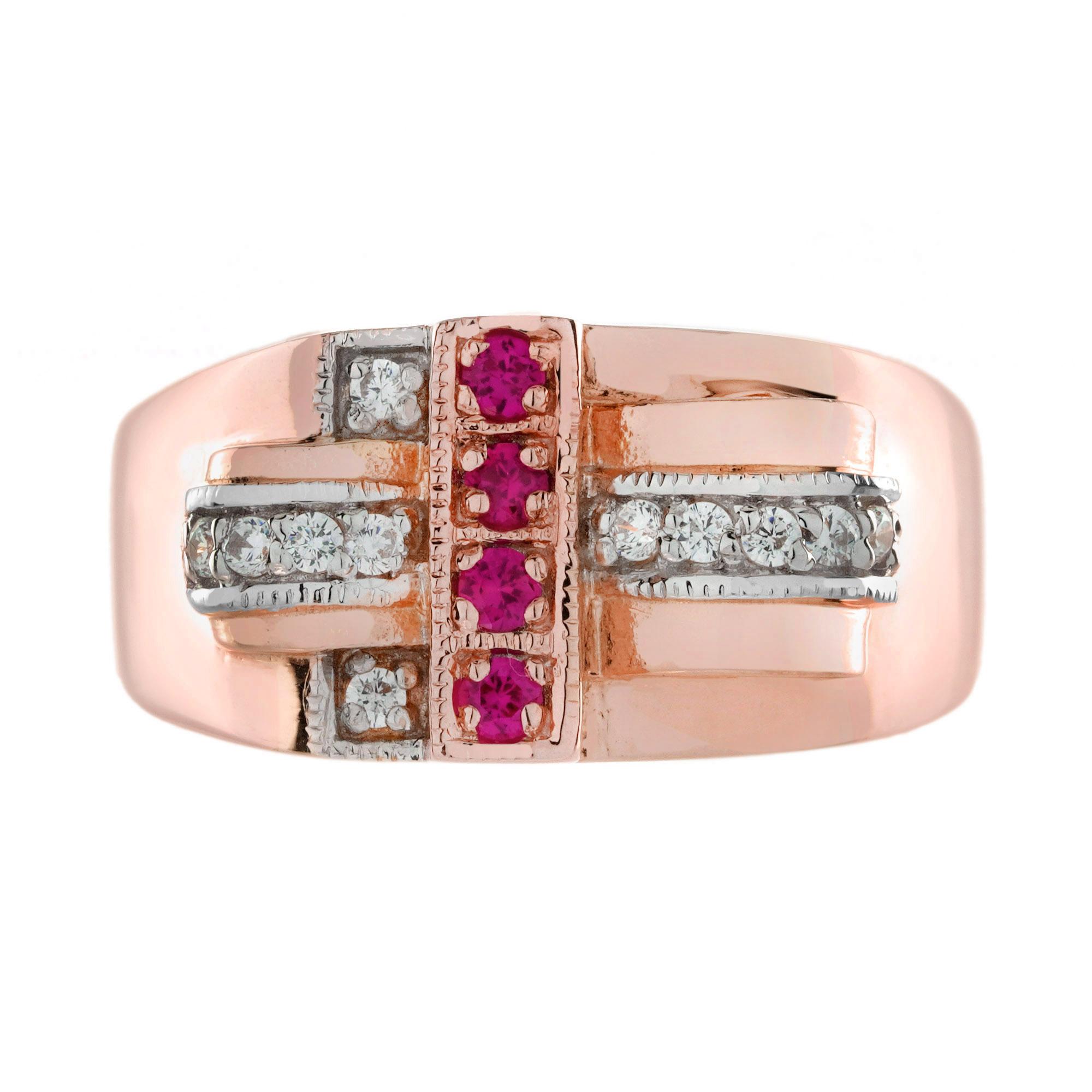 Bague cocktail rétro en or rose 14 carats avec rubis et diamants Pour femmes en vente