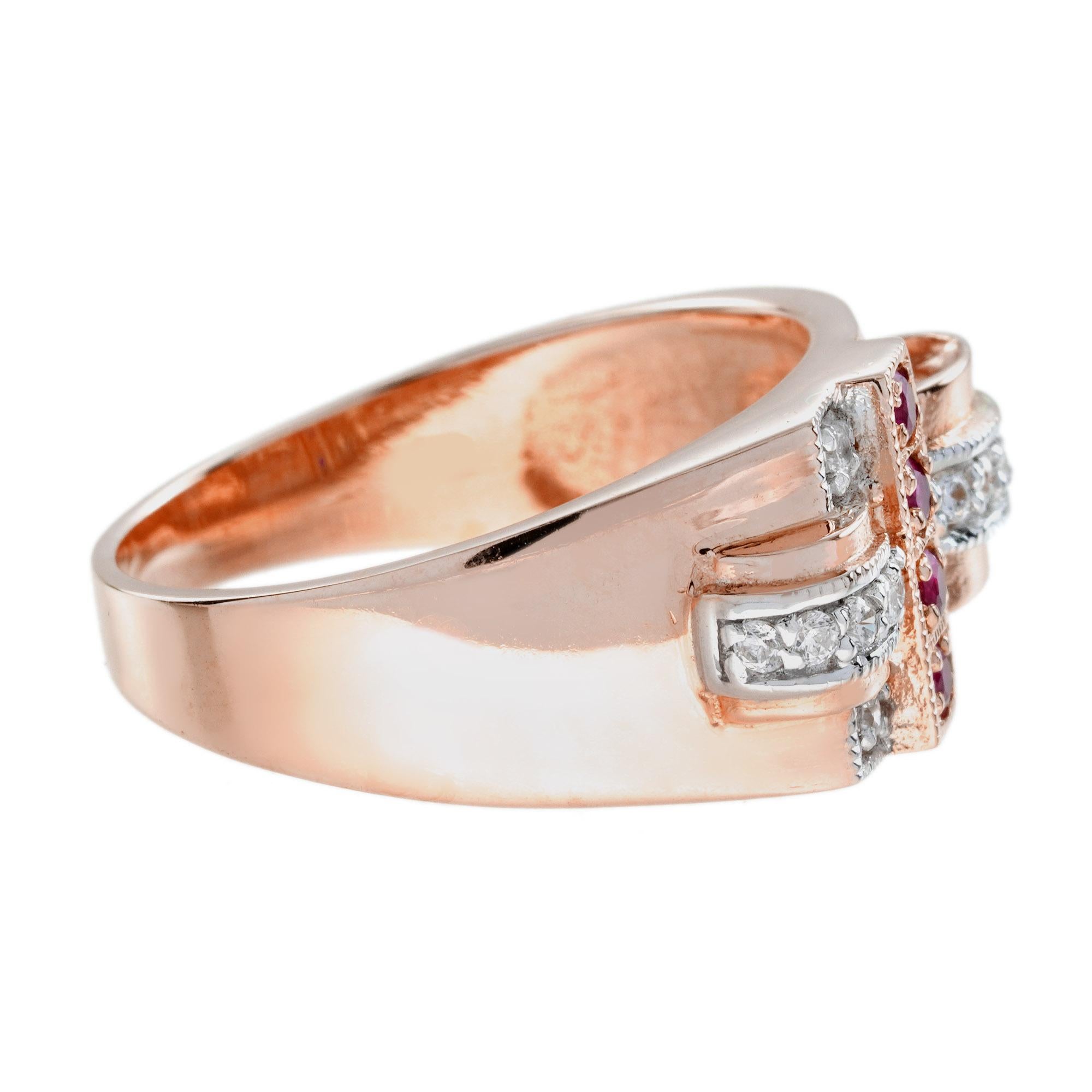 Bague cocktail rétro en or rose 14 carats avec rubis et diamants en vente 1