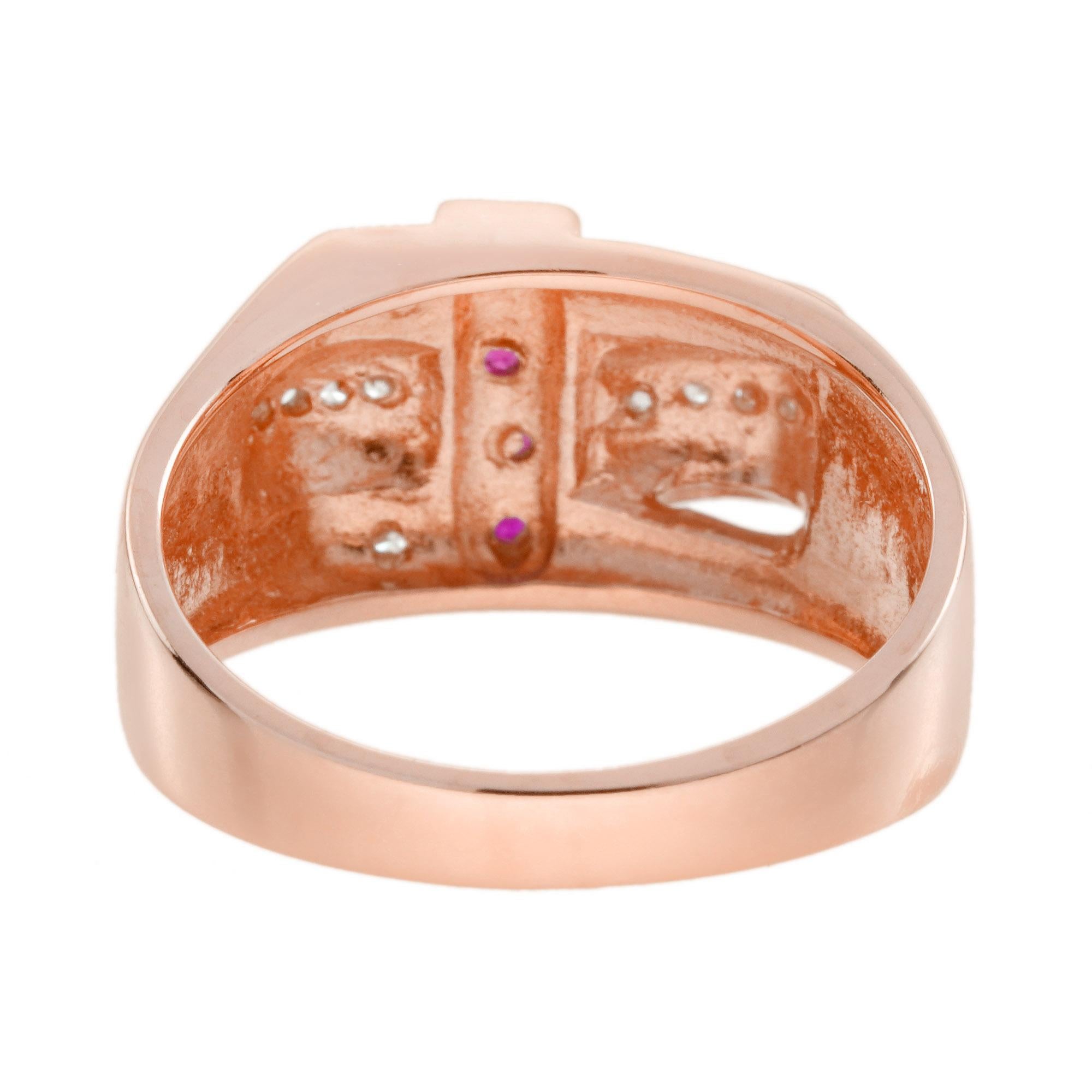 Bague cocktail rétro en or rose 14 carats avec rubis et diamants en vente 2