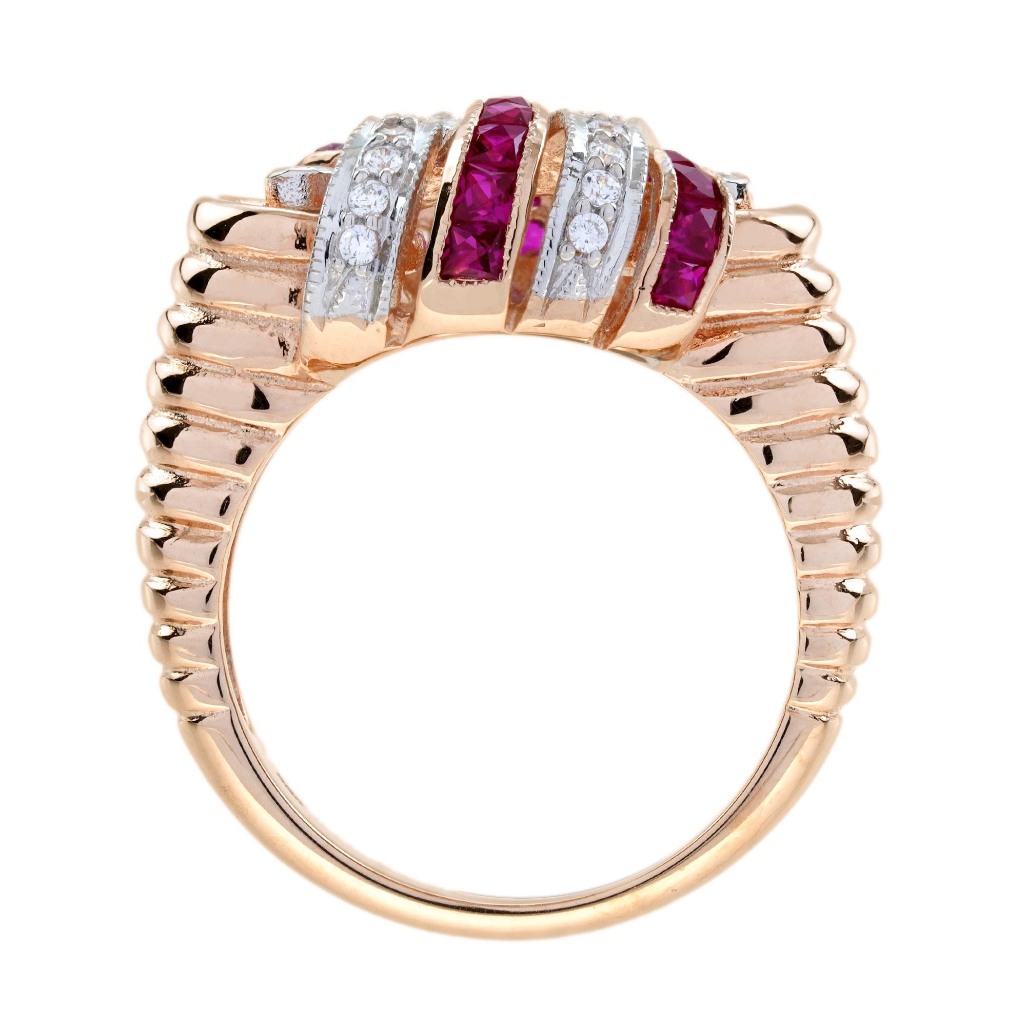 Bague cocktail en or rose 14 carats avec rubis et diamants de style rétro en vente 4