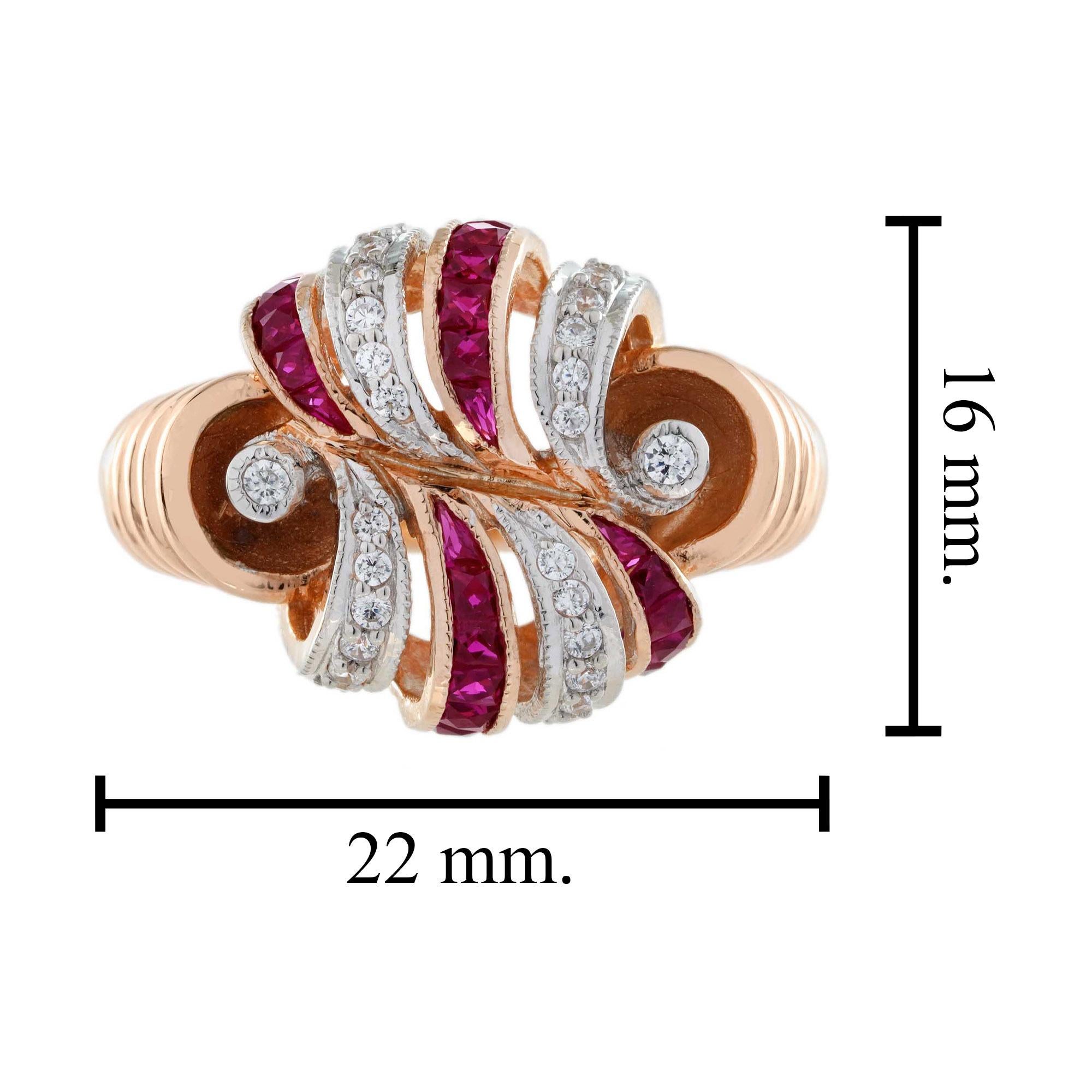 Bague cocktail en or rose 14 carats avec rubis et diamants de style rétro en vente 5
