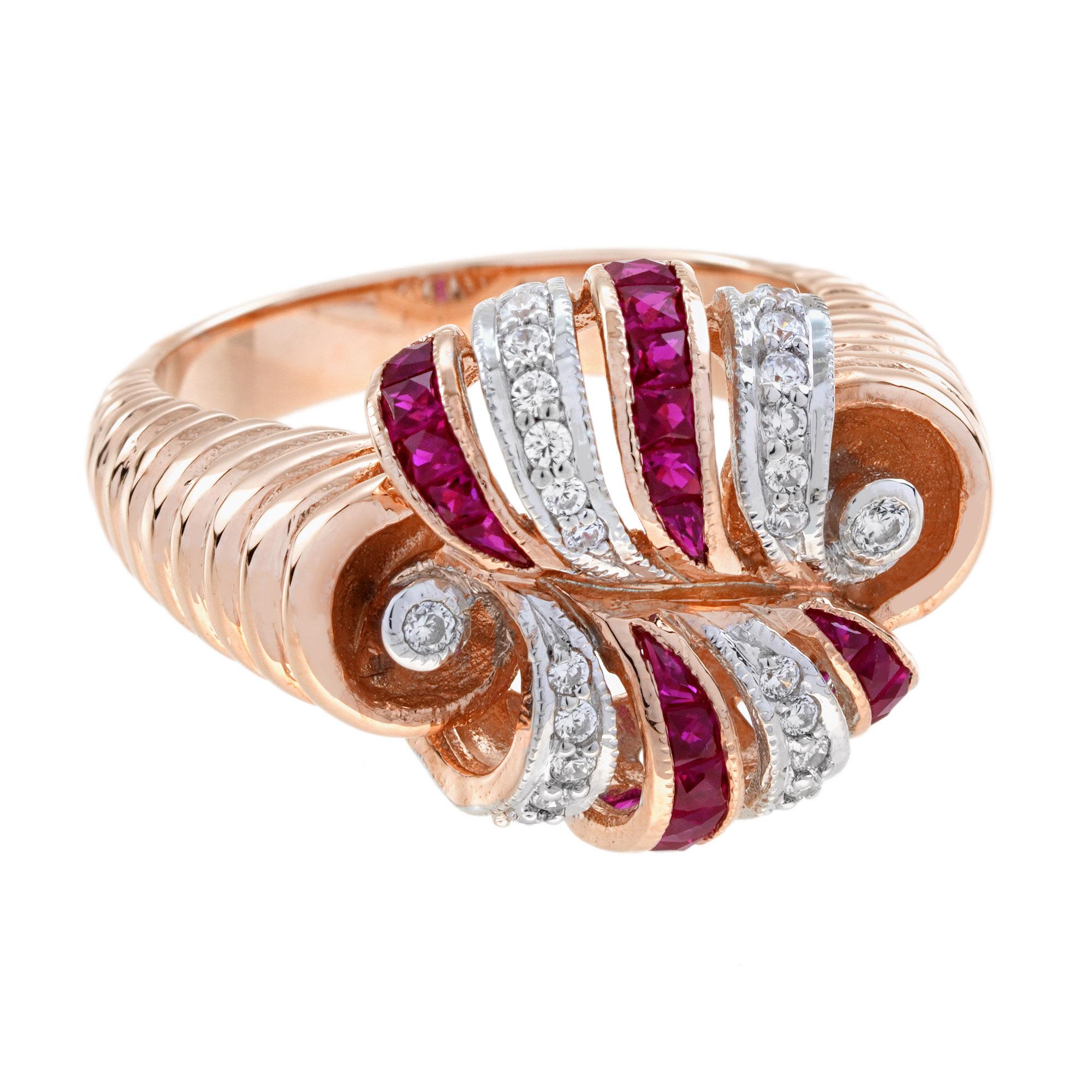 Bague cocktail en or rose 14 carats avec rubis et diamants de style rétro en vente 1