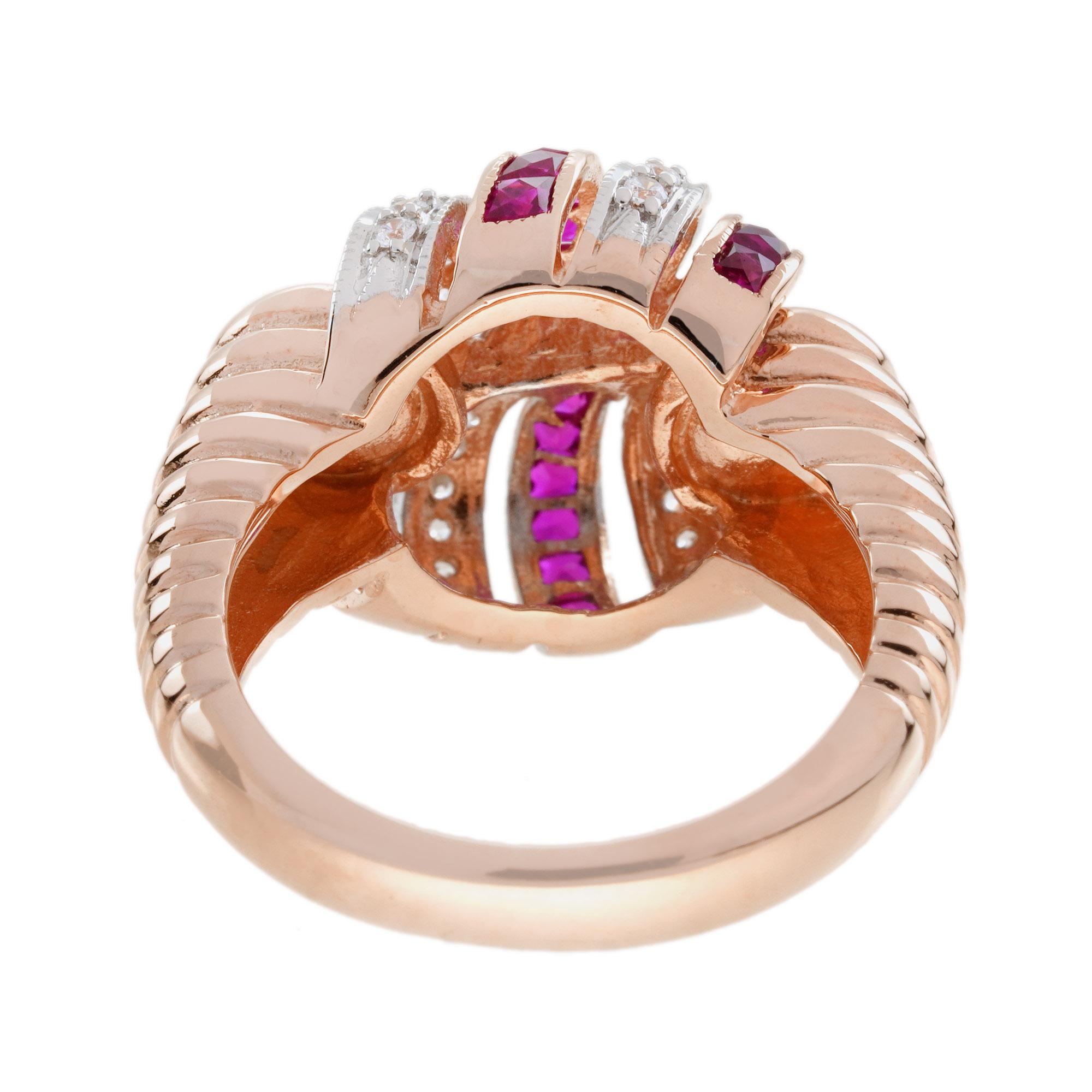 Bague cocktail en or rose 14 carats avec rubis et diamants de style rétro en vente 3