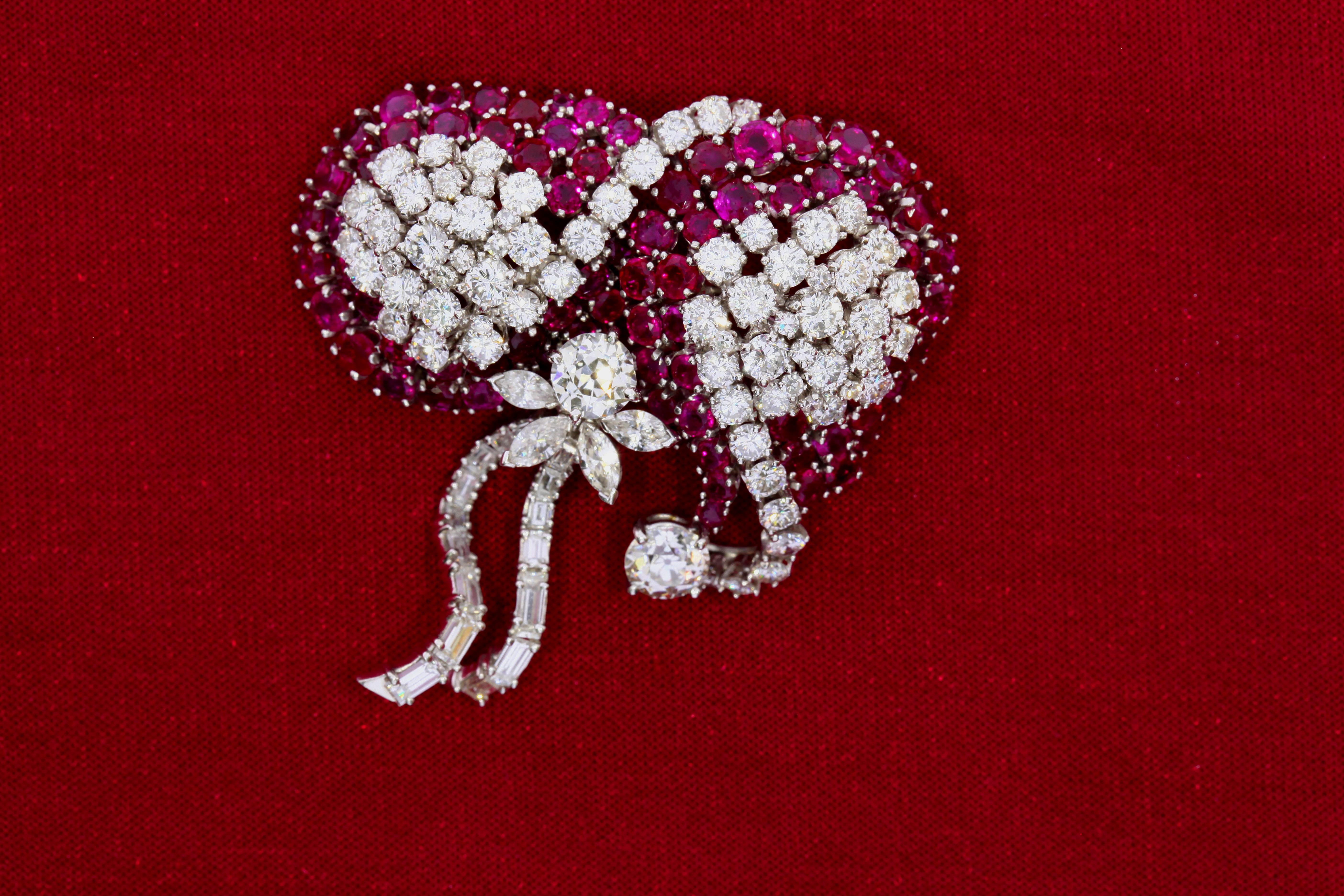 Round Cut Ruby and Diamond Ribbon Brooch For Sale