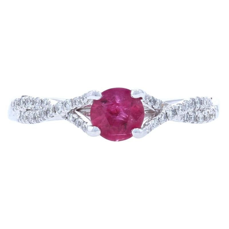 Ruby and Diamond Ring, 14 Karat White Gold Round Cut .81 Carat Engagement For Sale