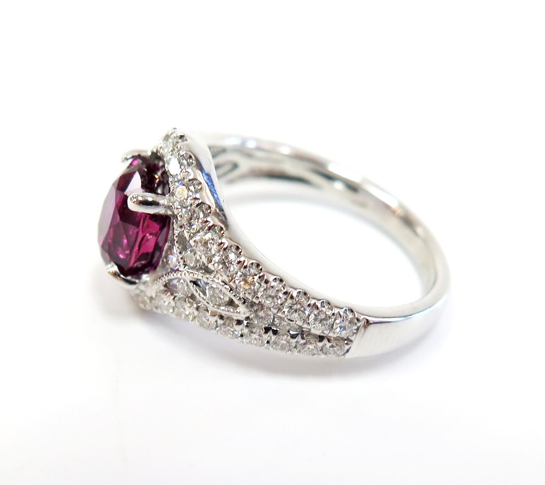 Modern Ruby and Diamond Ring / 18 Karat White Gold For Sale