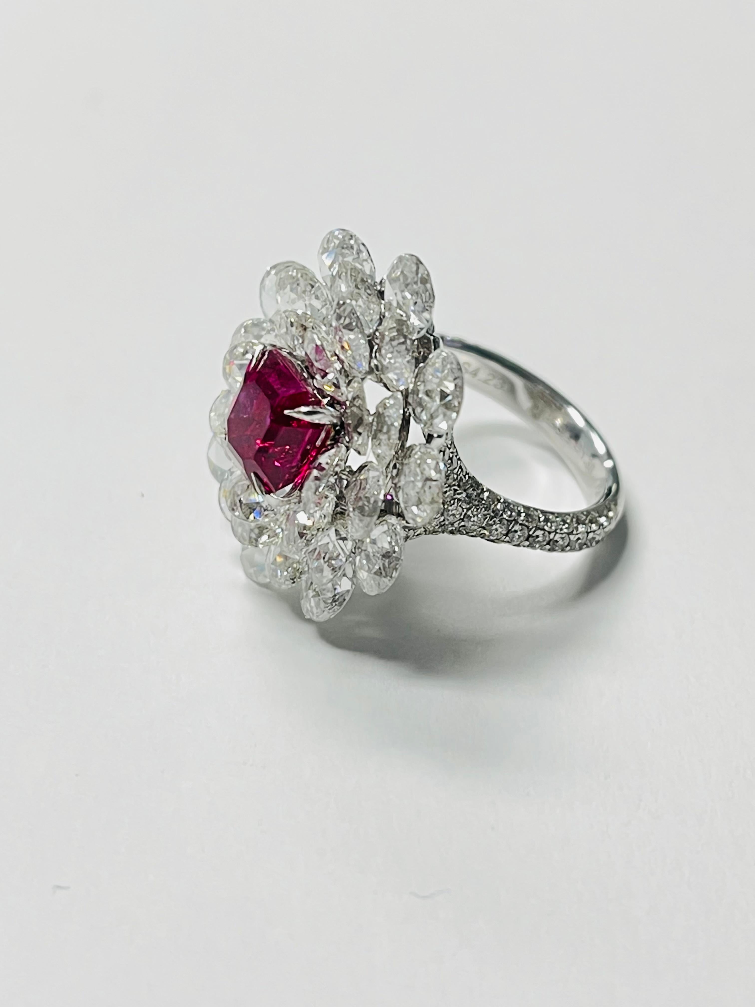   Ring mit Rubin und Diamanten, BURMA NO HEAT GUBELIN UND GIA zertifiziert  (Kissenschliff)