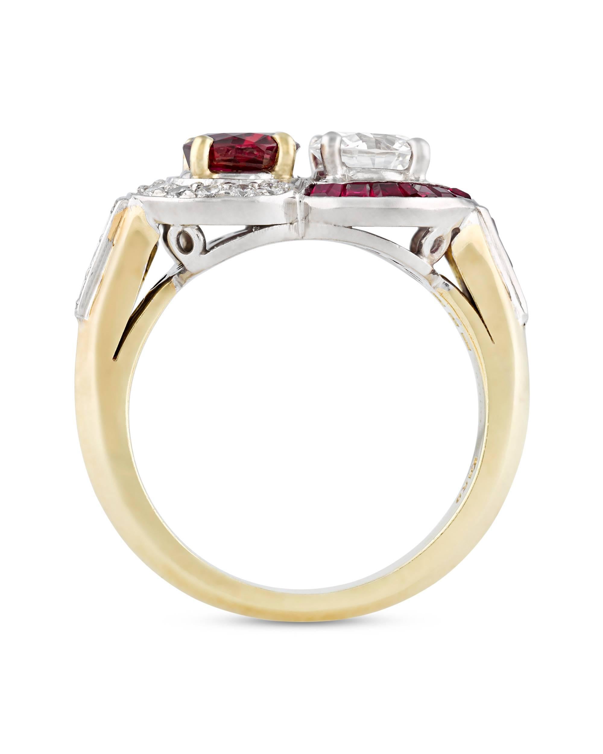 Swirling white diamonds complement rich crimson rubies in this extraordinary ring by New York-based jeweler Raymond Yard. Each brilliant stone is perfectly set in 18K yellow or white gold to reflect light and emphasize color. The center gems weigh
