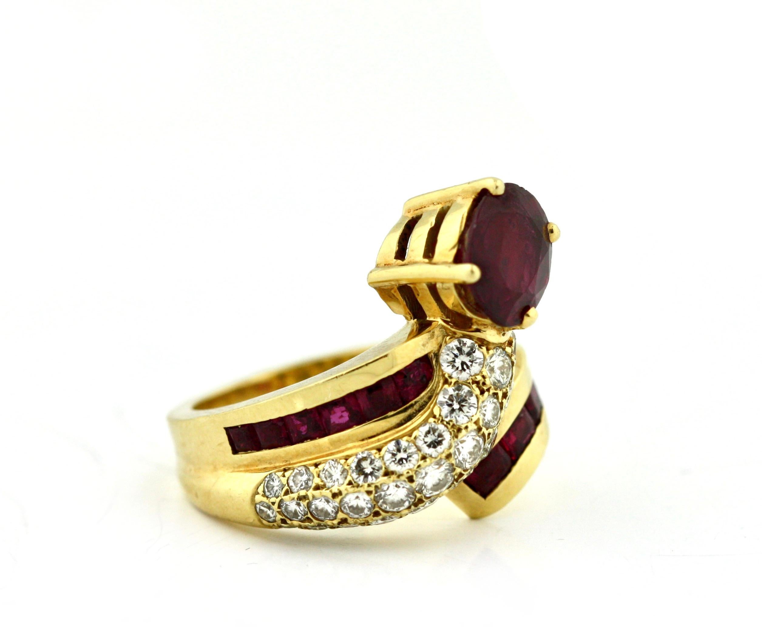 
Ruby and Diamond Ring
Of stylized toi et moi design, set with a oval-shaped ruby weighing approximately 2.32 carats and 27 round cut diamonds weighing approximately 1.50 carats mounted in 18 karat yellow gold, size 6 1/2.