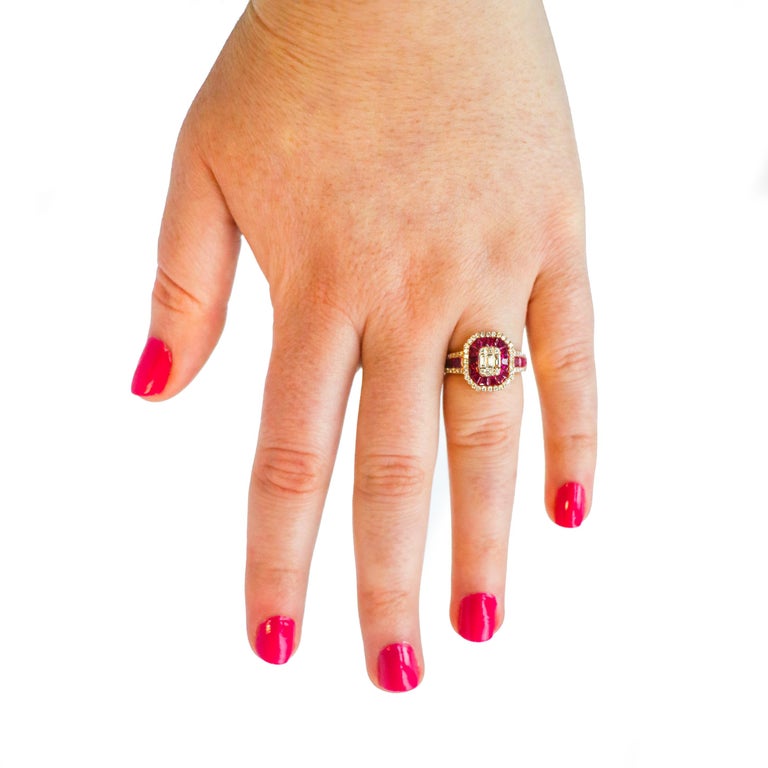 • 1.55 Carats of Rubies 
• .58 Carats of Diamonds 
• 18K Gold 

Complimentary Gift Box and Ring Sizing included