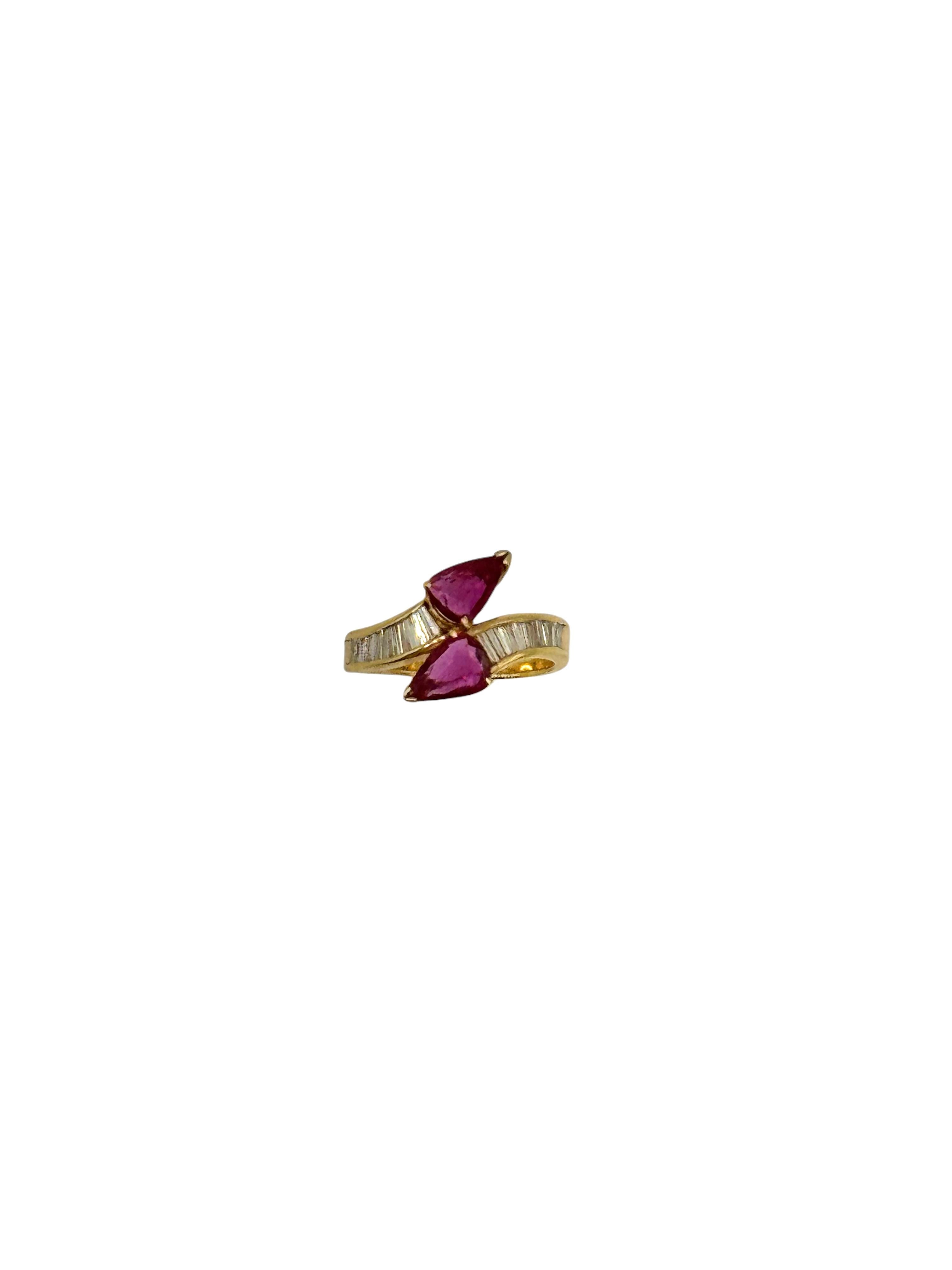 Pear Cut 18K Yellow Gold Ruby and Diamond Ring For Sale