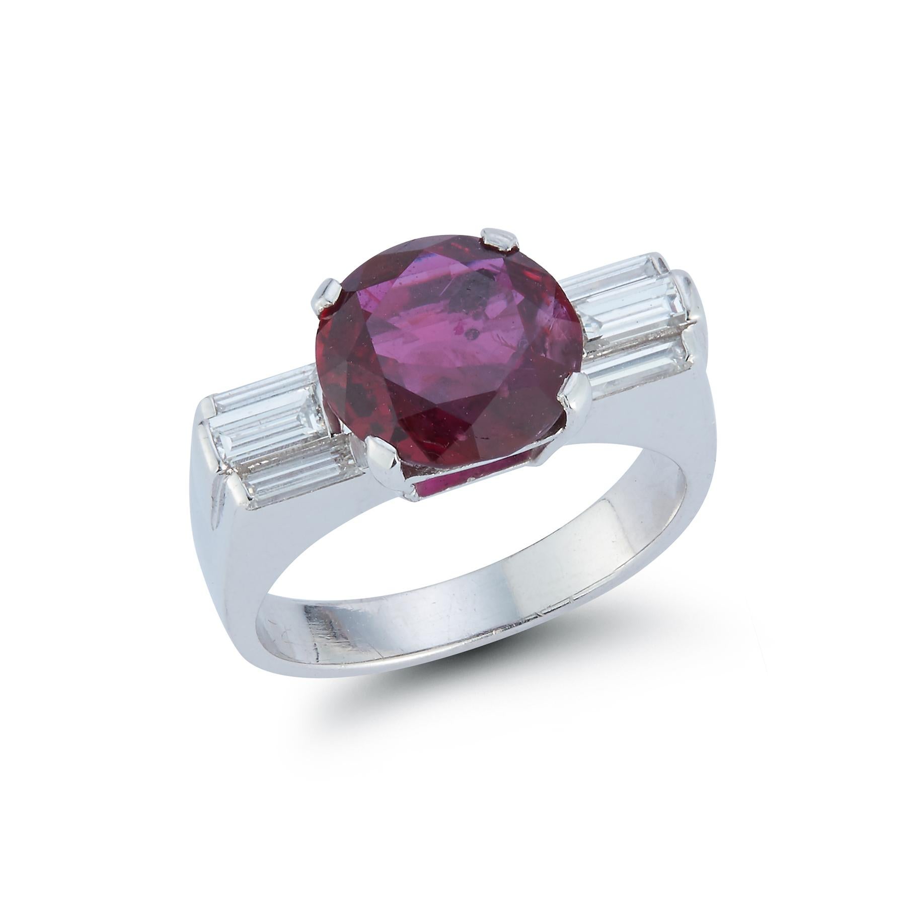 Ruby And Diamond Ring Set in Platinum
Ruby Weight: 3.65 Cts
Diamond Weight: .50 Cts 
Ring Size: 6
Re-sizable Free Of Charge 