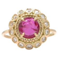 Vente flash - Bague rosette femme en or 14 carats avec diamants certifiés et rubis 