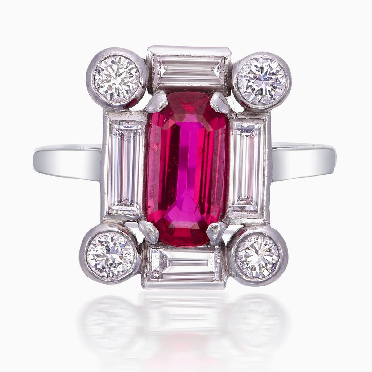 Art Deco Ruby and Diamond Ring GIA Certified 1.34 Carat  Burma No Heat in Platinum For Sale