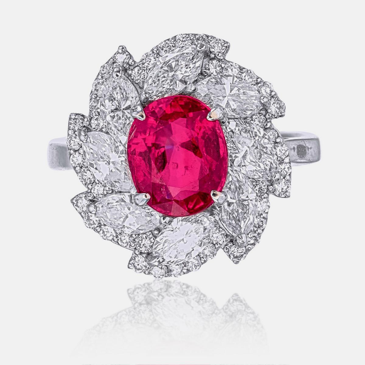 Oval Cut Ruby and Diamond Ring GIA Certified 1.94 Carat Burma No Heat in 18 Karat Gold For Sale