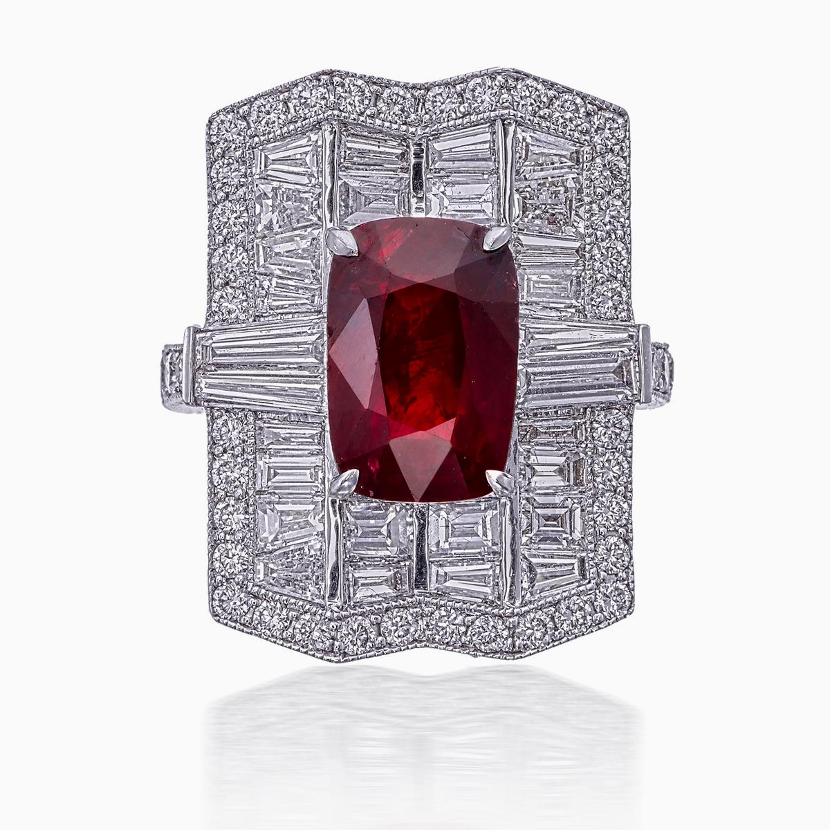 Art Deco Ruby and Diamond Ring GIA Certified 5.03 Carat Pigeon Blood Burma No Heat in 18K For Sale