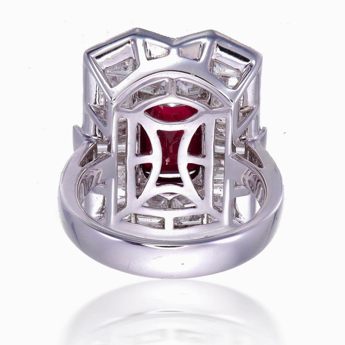 Cushion Cut Ruby and Diamond Ring GIA Certified 5.03 Carat Pigeon Blood Burma No Heat in 18K For Sale