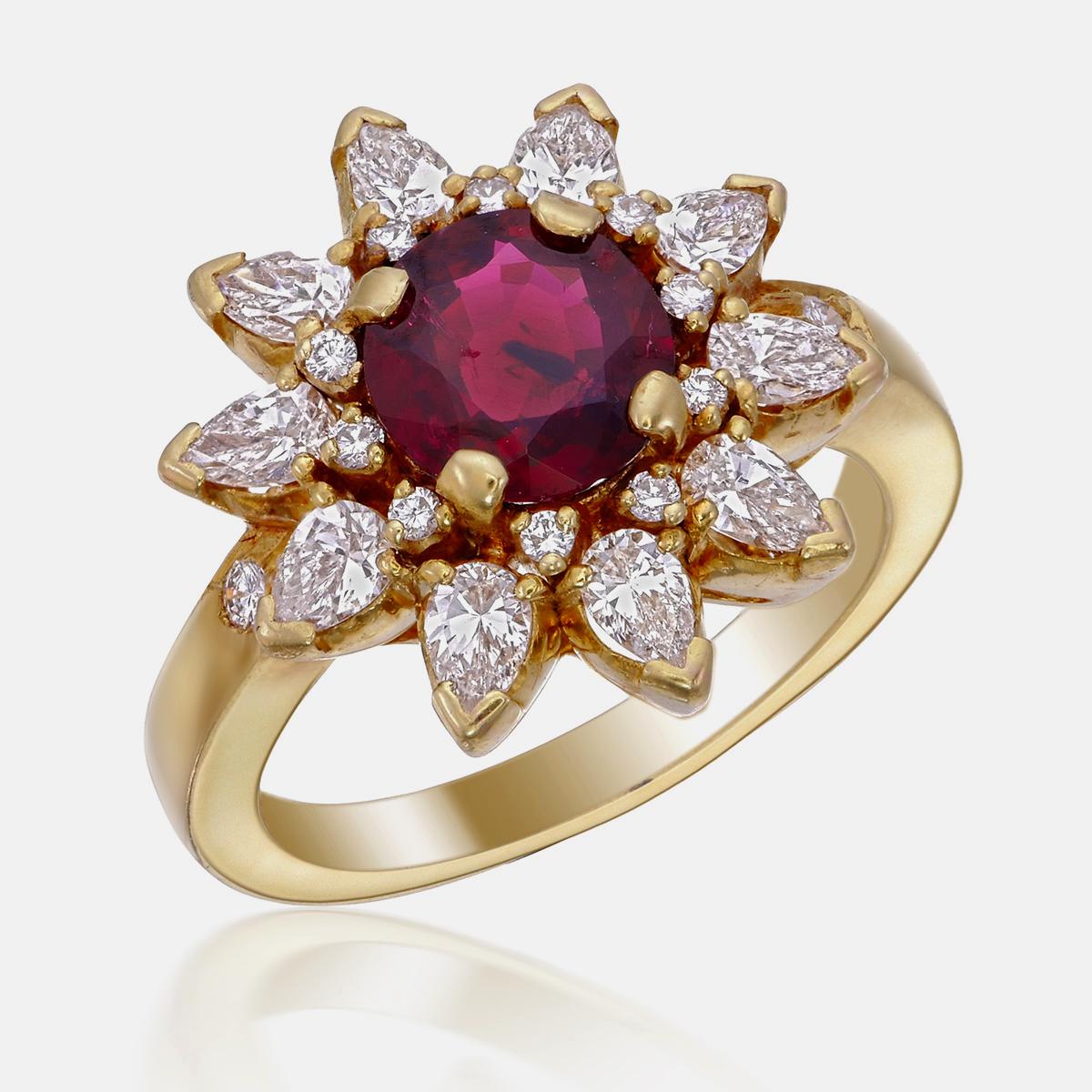Introducing a brand new ruby and diamond ring by Rewa Jewels. This ring has been inspired by classic themes through it's symmetrical designs and traditional shaped such as rounds and pear shapes.

The center stone is a 1.51-carat Burmese ruby,