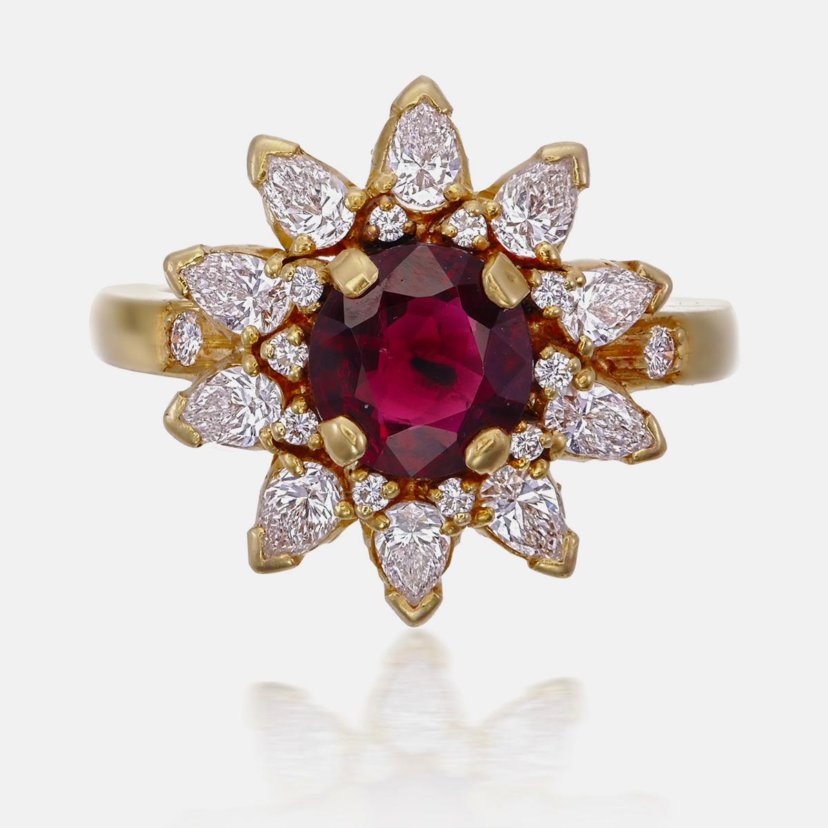 Round Cut Ruby and Diamond Ring GRS Certified 1.51 Carat Pigeon Blood Burma No Heat in 18K For Sale