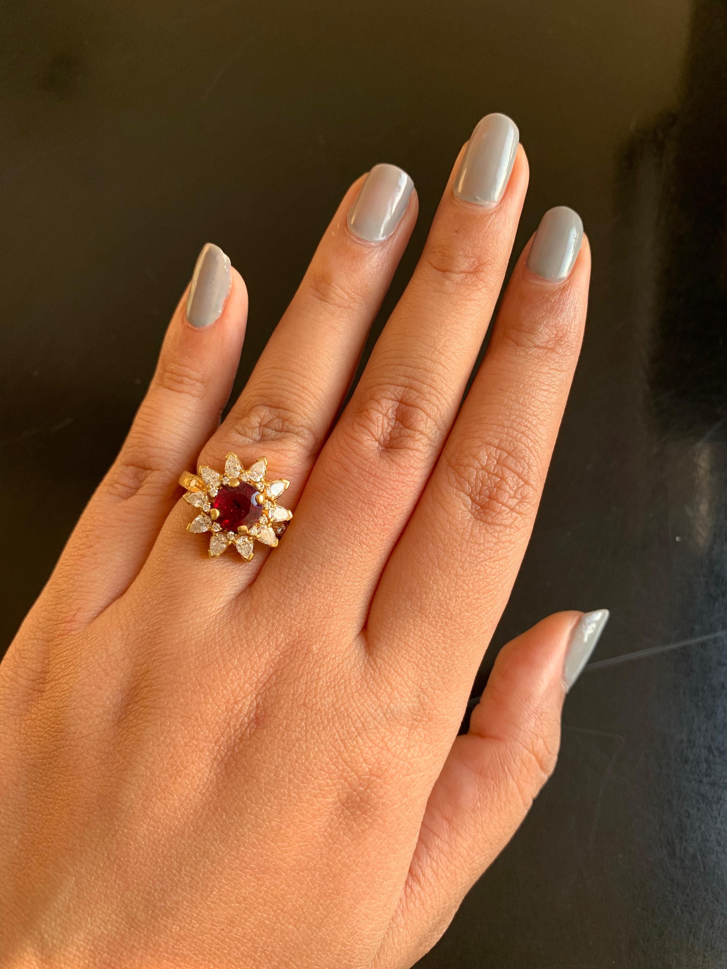 Women's or Men's Ruby and Diamond Ring GRS Certified 1.51 Carat Pigeon Blood Burma No Heat in 18K For Sale