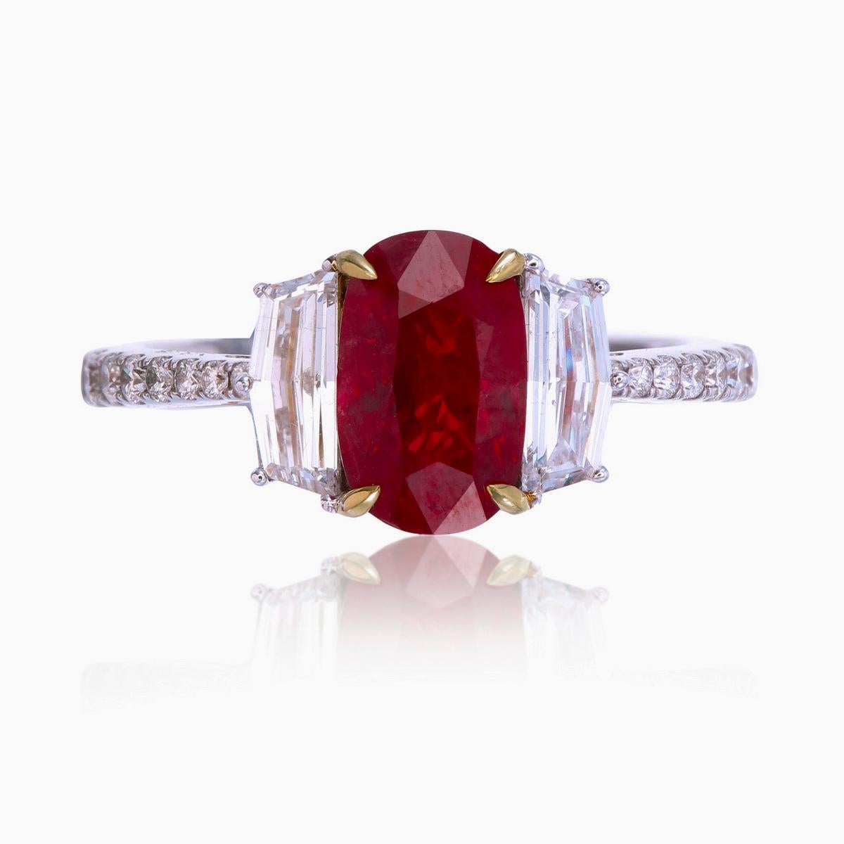 Modern Ruby and Diamond Ring GRS Certified 2.19 Carat Pigeon Blood Burma No Heat in 18K For Sale