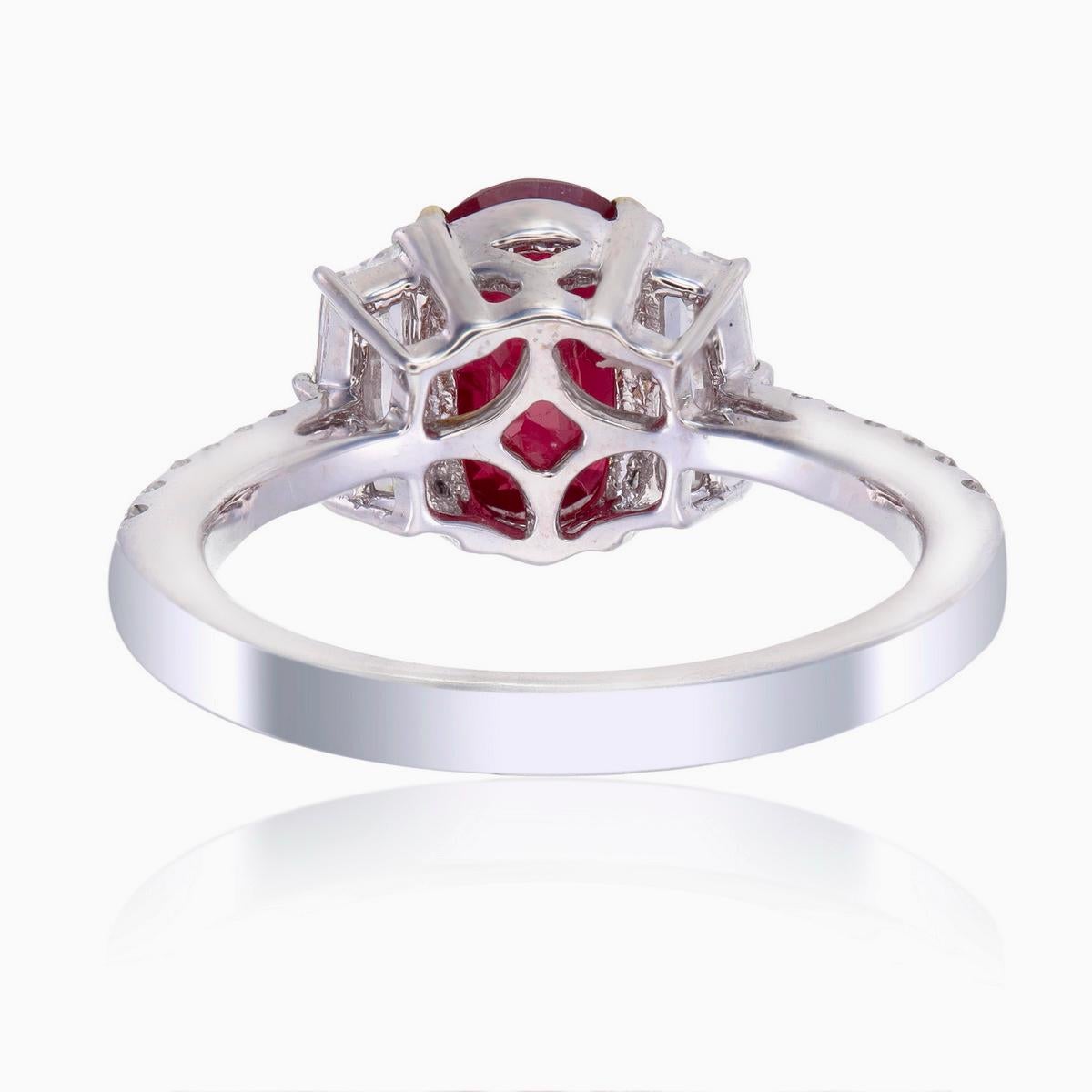 Cushion Cut Ruby and Diamond Ring GRS Certified 2.19 Carat Pigeon Blood Burma No Heat in 18K For Sale