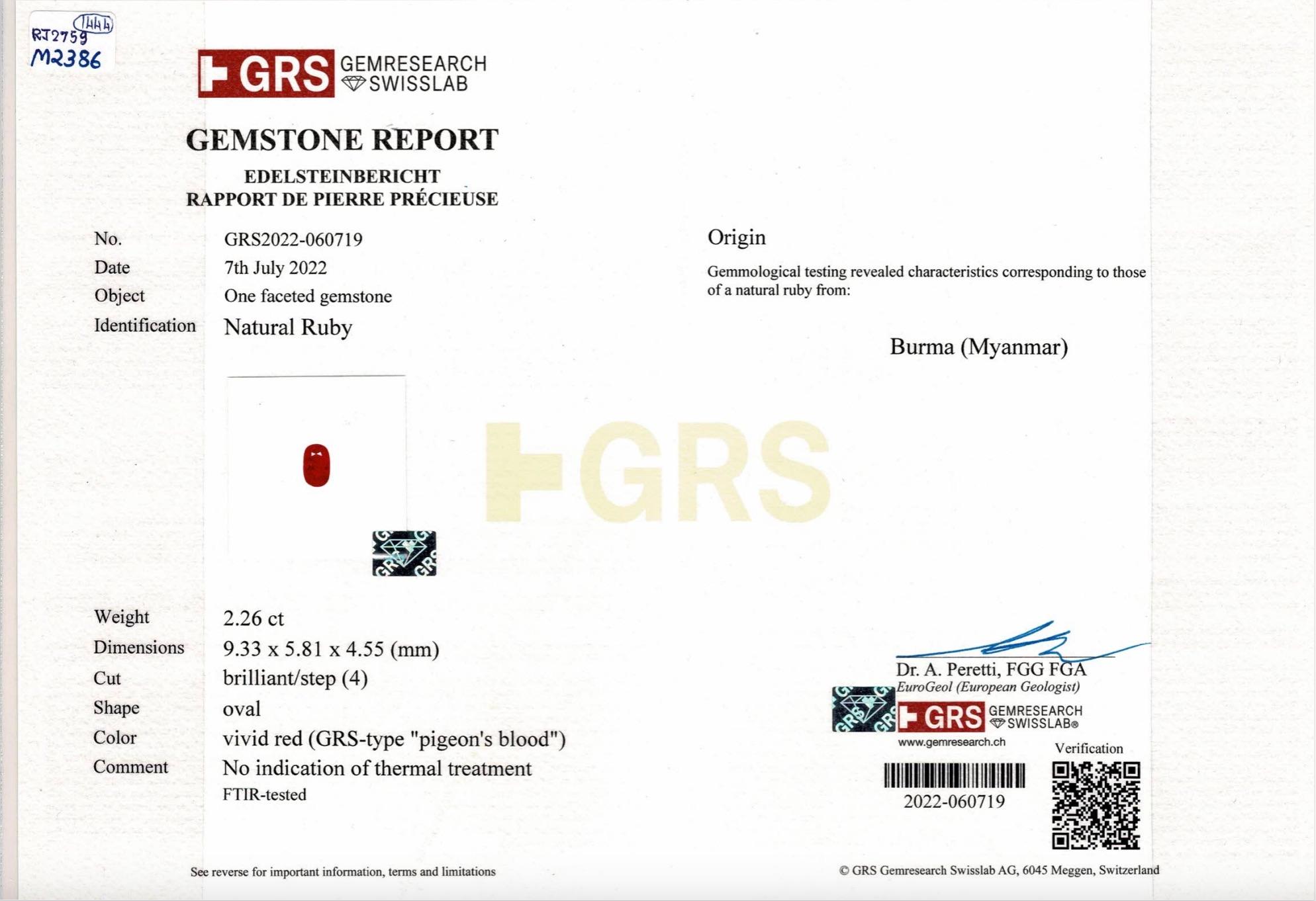 Ruby and Diamond Ring GRS Certified 2.19 Carat Pigeon Blood Burma No Heat in 18K In New Condition For Sale In Bangkok, TH