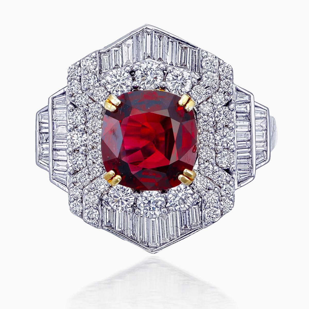 Art Deco Ruby and Diamond Ring GRS Certified 2.51 Carat Burma No Heat in 18K For Sale