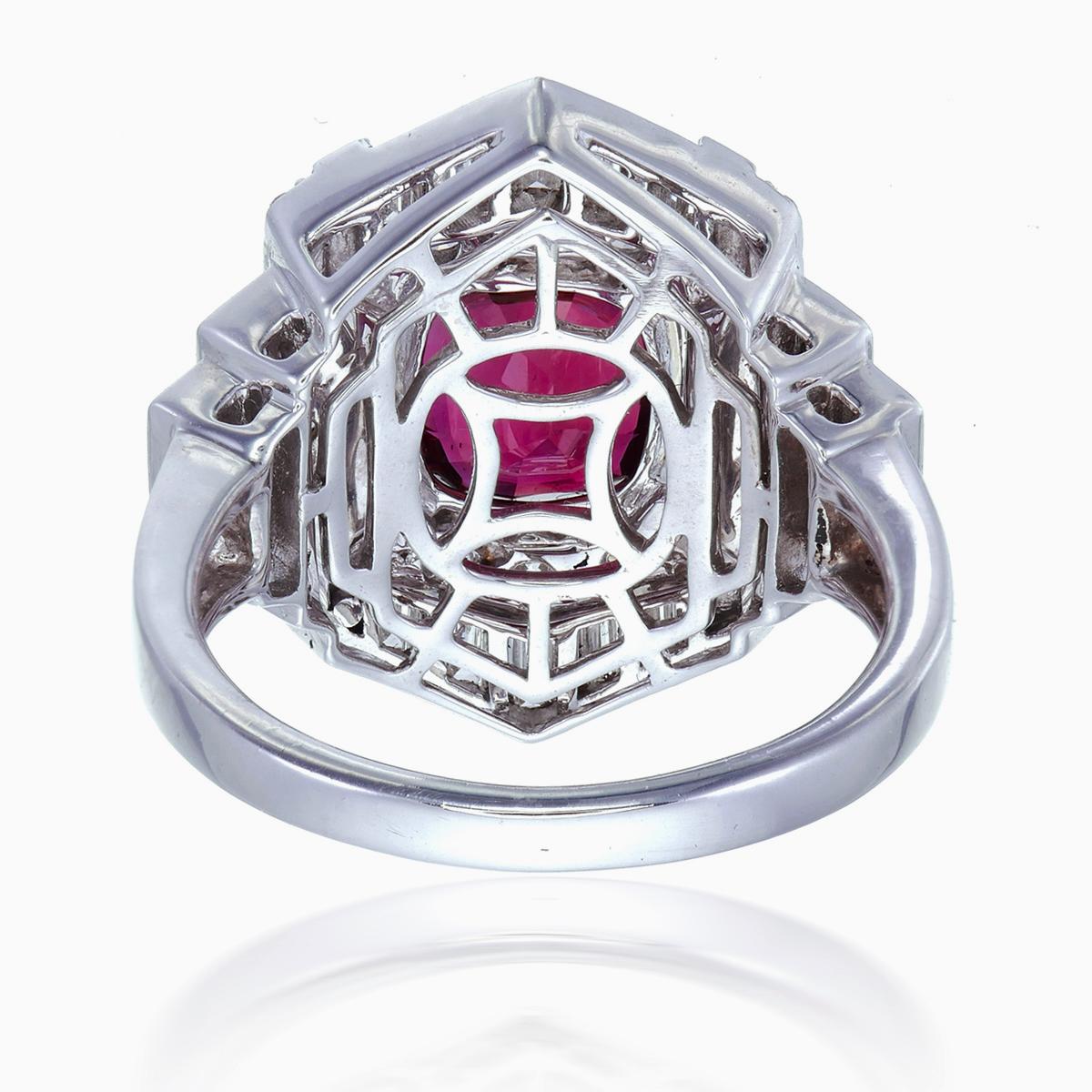 Cushion Cut Ruby and Diamond Ring GRS Certified 2.51 Carat Burma No Heat in 18K For Sale