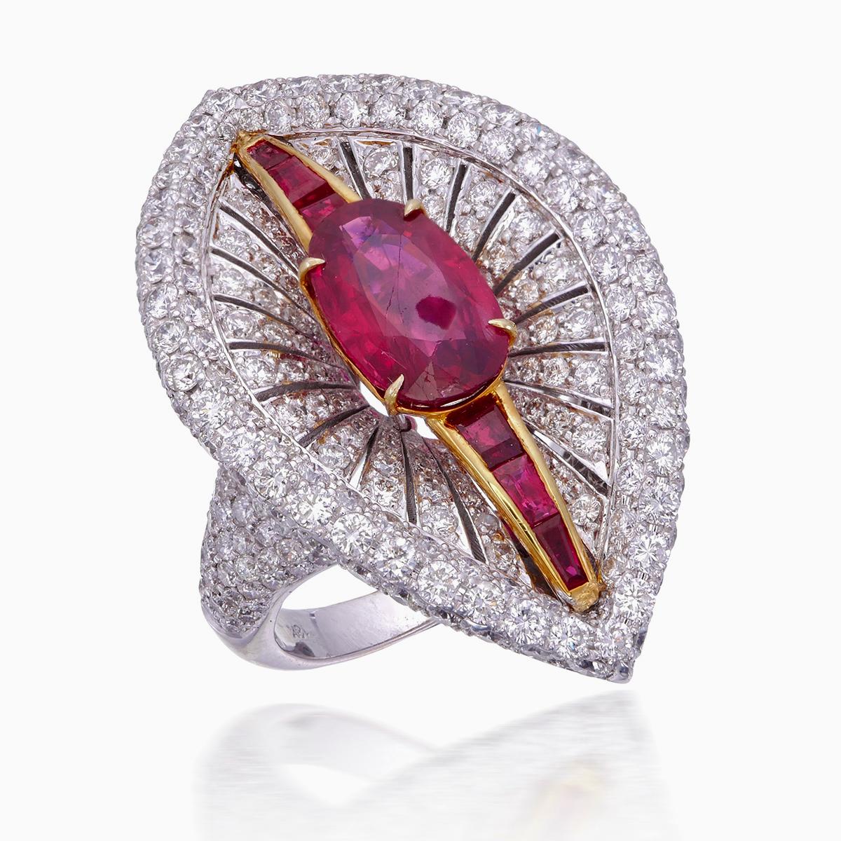 Art Déco Anello con rubino e diamante certificato GRS Burma No Heat da 2,58 carati in oro 18 carati in vendita