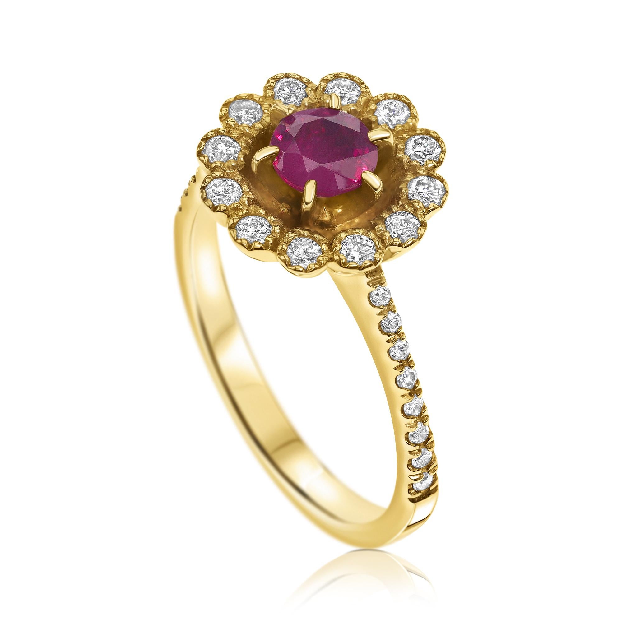 Shlomit Rogel - Ruby and Diamond Ring in 14 Karat Yellow Gold

A flower like design, in yellow gold.  
The red vivid colour of the natural Rubi is set in a 6 prong setting in the center of 12 shiny real diamonds petals. A unique design and a perfect