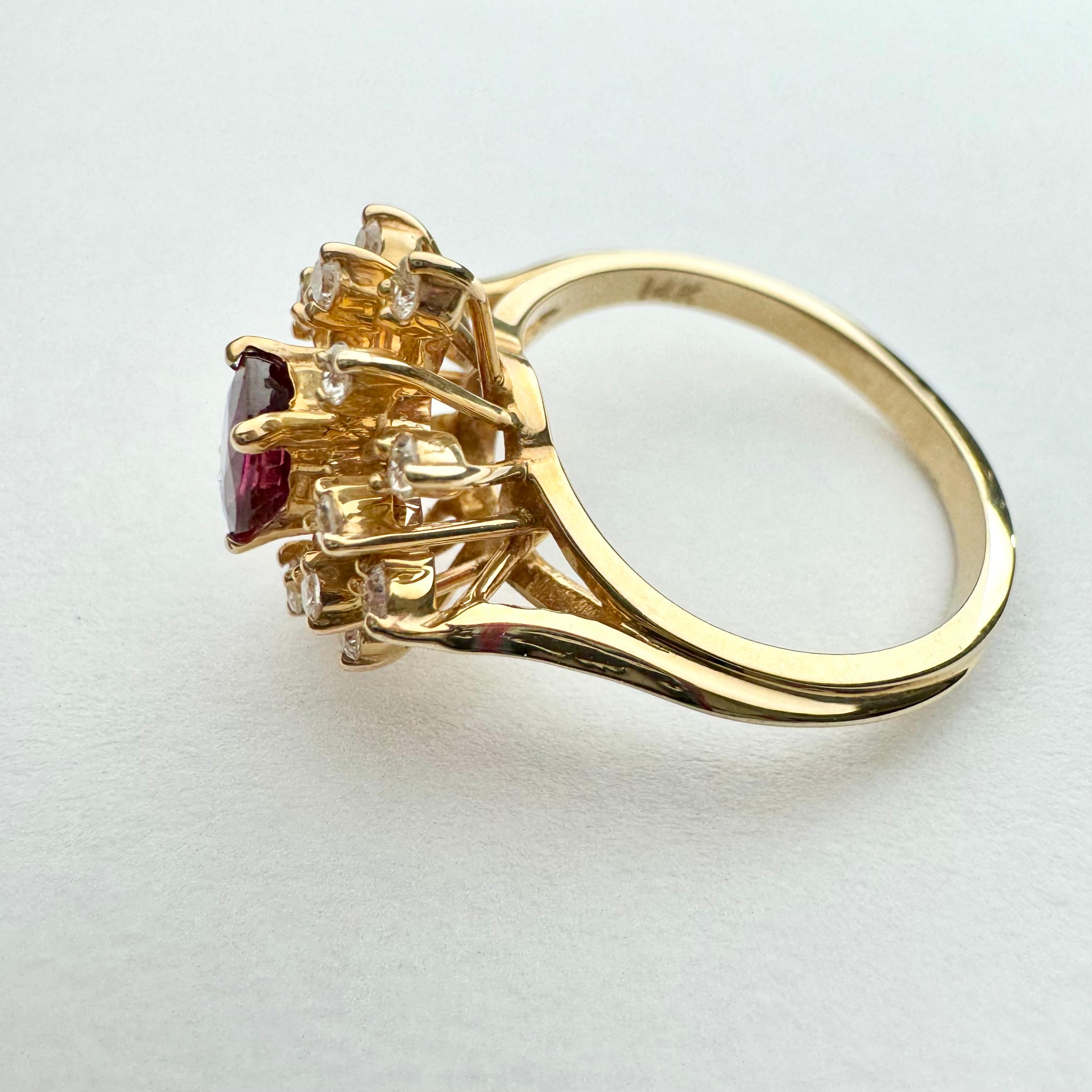 Gorgeous oval ruby and diamond ring in 14k yellow gold.
Gorgeous deep blue oval sapphire surrounded by dazzling  white round brilliant diamonds . Center oval sapphire is approximately 0.60carat and measures 5.5 x 4.5mm
Total diamond weight is