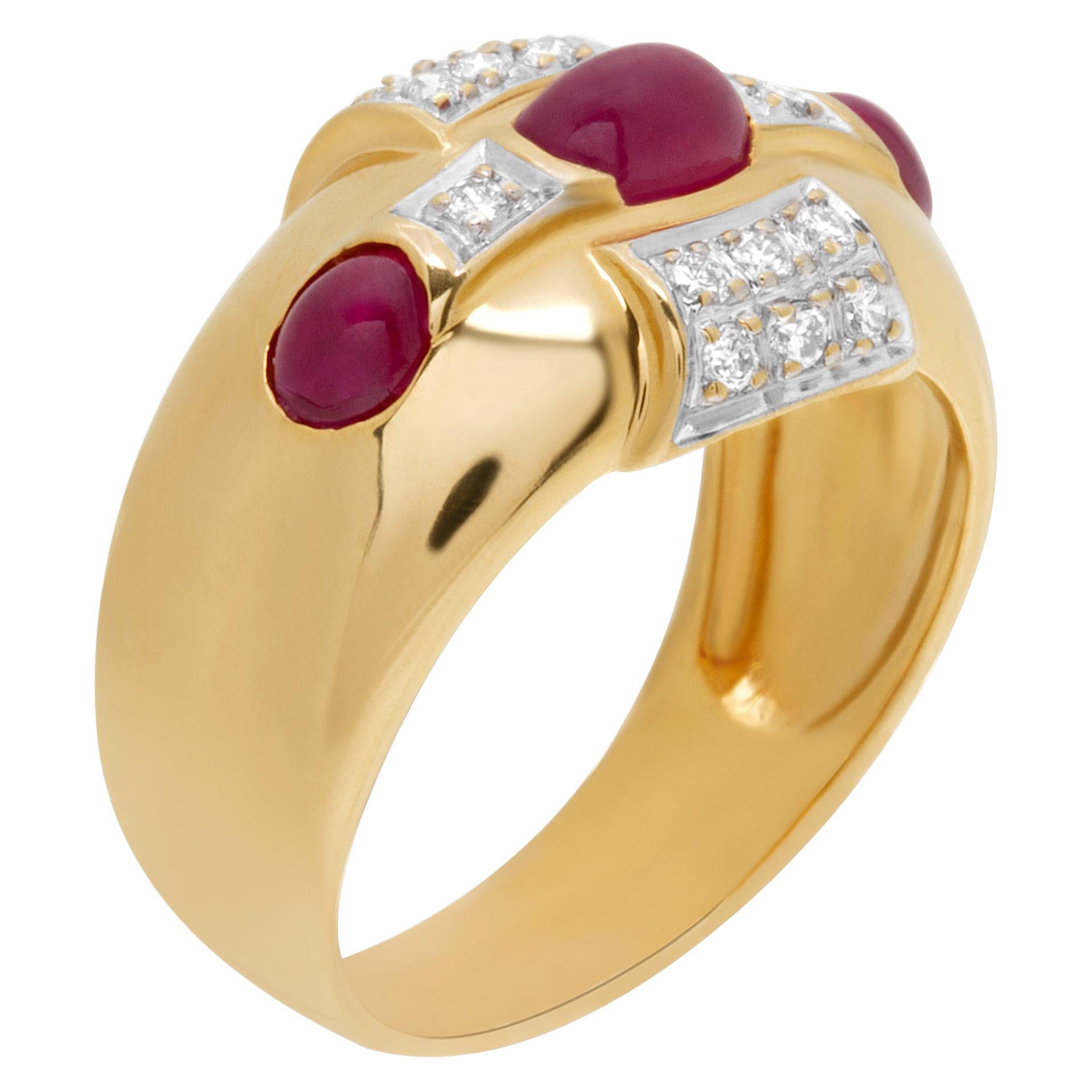 Ruby and diamond ring in 14k yellow gold with 0.14 carat in diamonds. Size: 7.75.

This Ruby ring is currently size 7.75 and some items can be sized up or down, please ask! It weighs 5.3 pennyweights and is 14k.