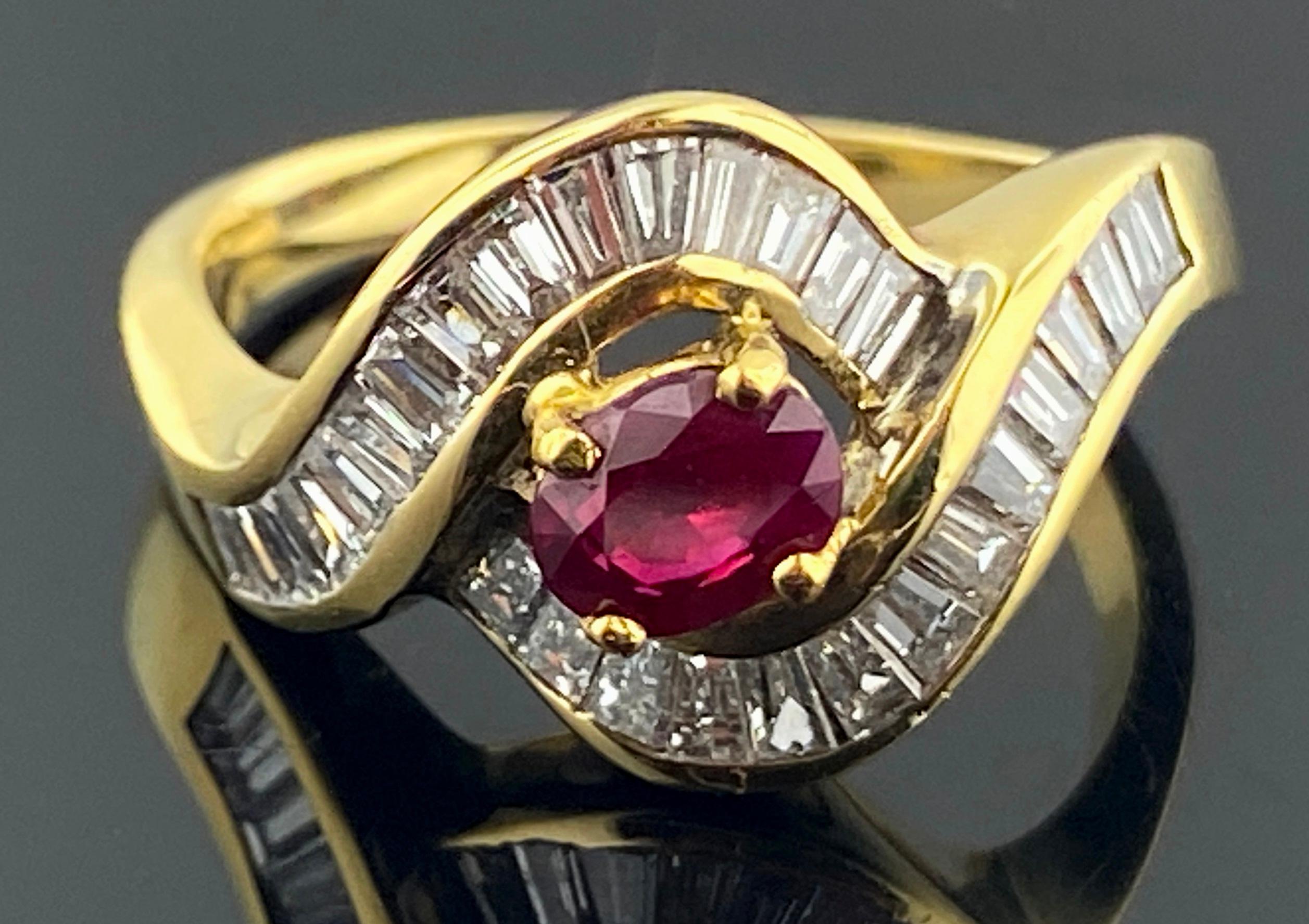 Baguette Cut Ruby and Diamond Ring in 14 Karat Yellow Gold