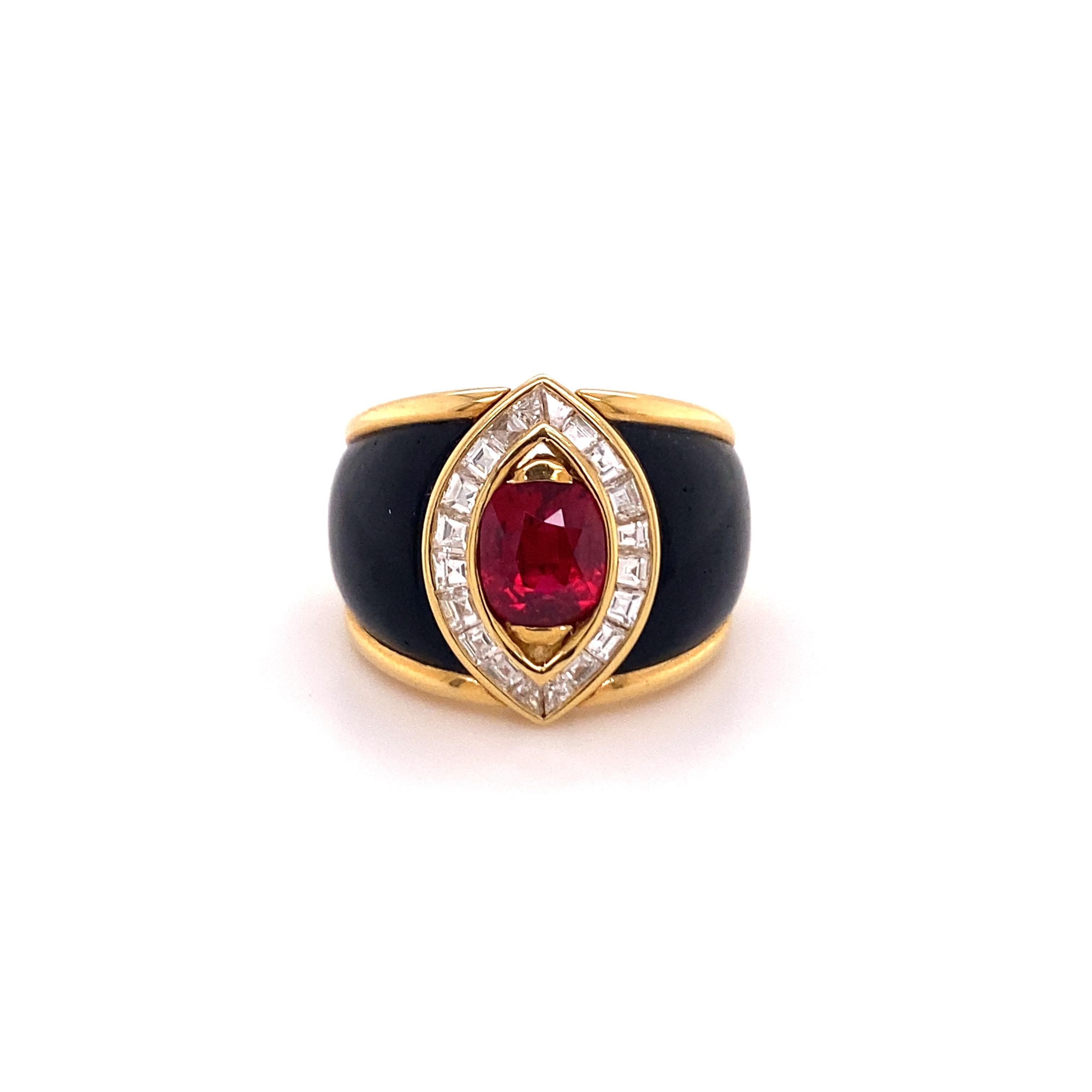 This bold and contrasting ring by renowned swiss jeweller Péclard is set with a fiery cushion-shaped ruby of approximately 2.10 carats. The ruby is of Thai origin and heated. The navette-shaped entourage is set with 20 precisely cut and sparkling