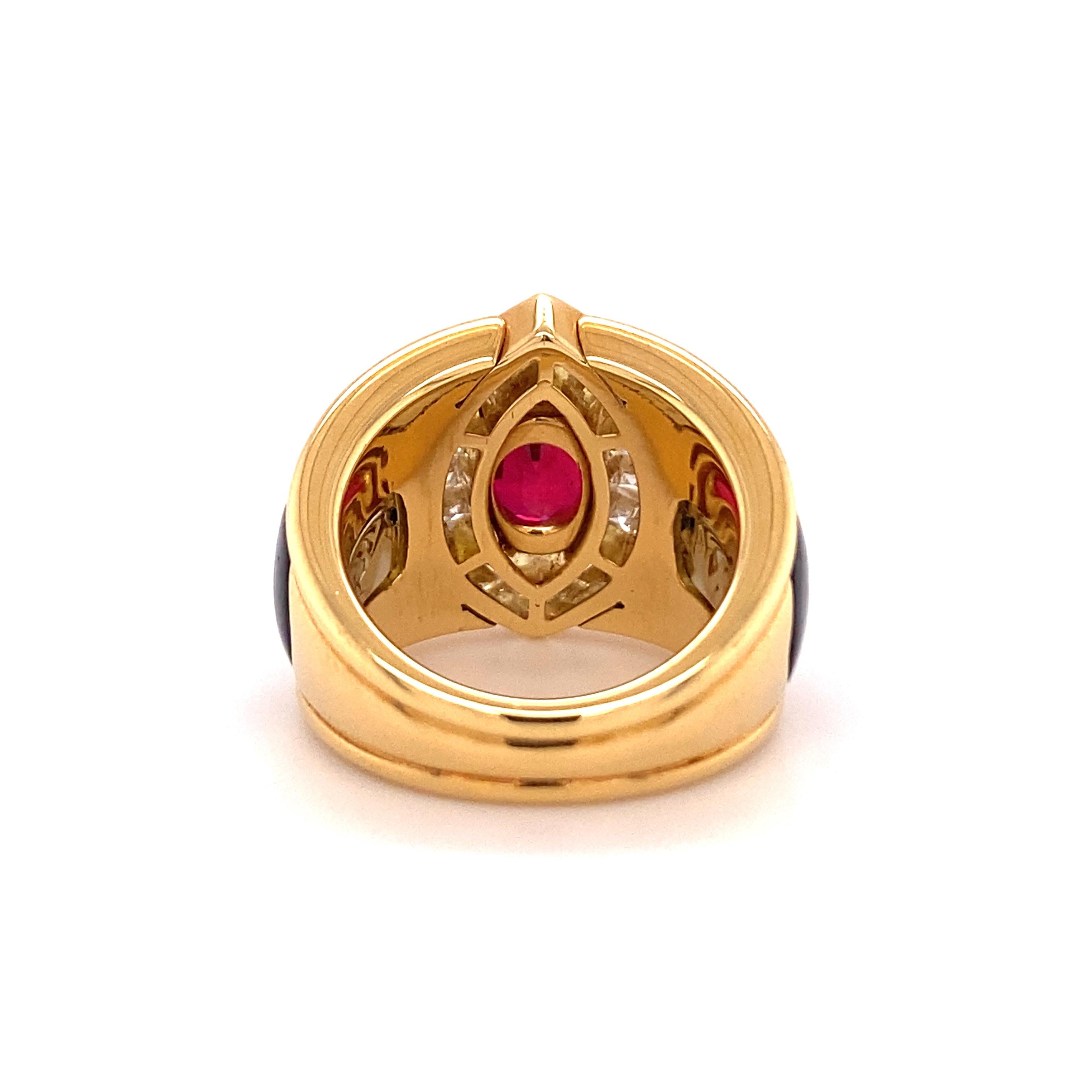 Artisan Ruby and Diamond Ring in 18 Karat Yellow Gold by Swiss Jeweller Péclard For Sale