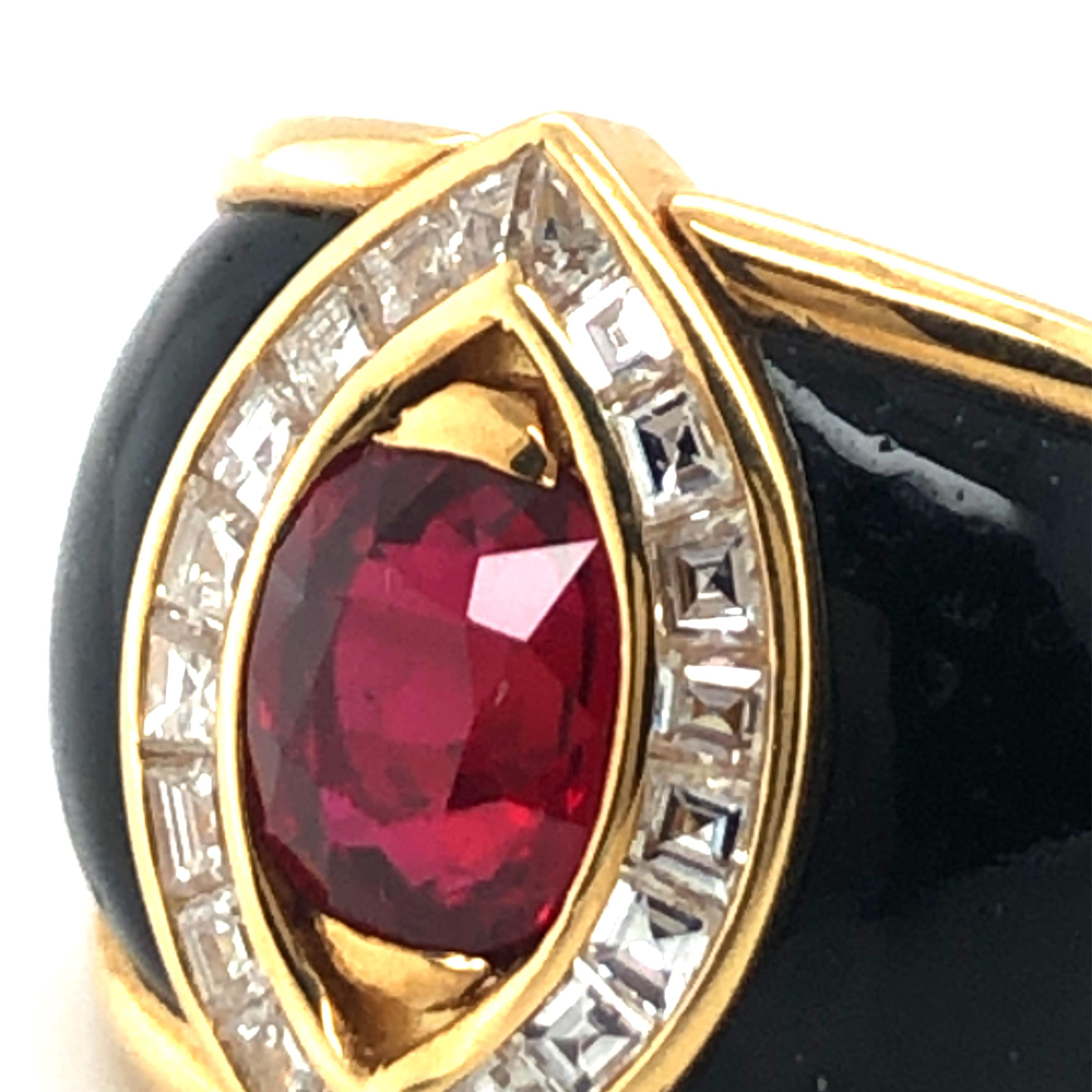 Cushion Cut Ruby and Diamond Ring in 18 Karat Yellow Gold by Swiss Jeweller Péclard For Sale