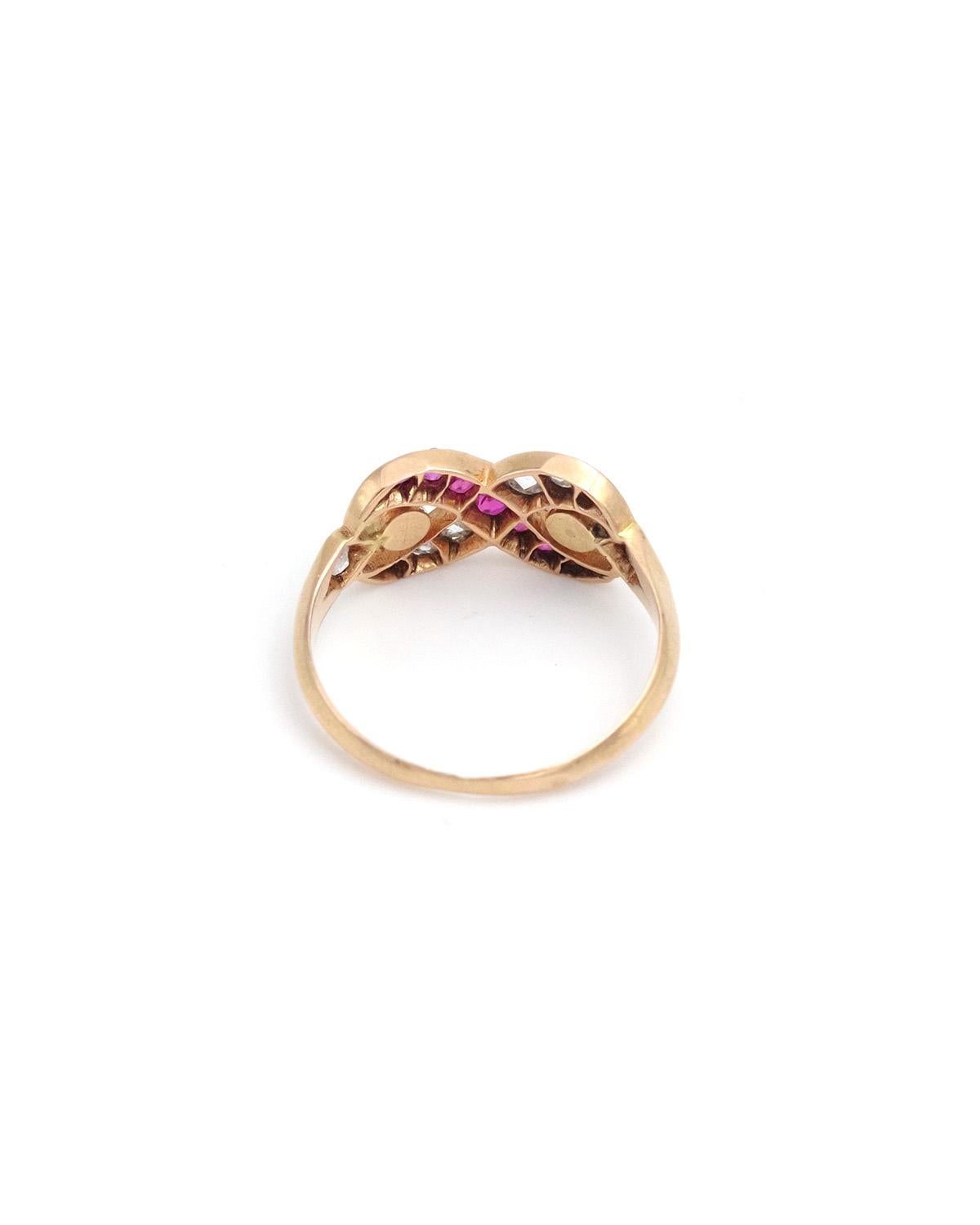 Victorian Infinity love ruby and diamond ring in 18k gold, natural pearls For Sale