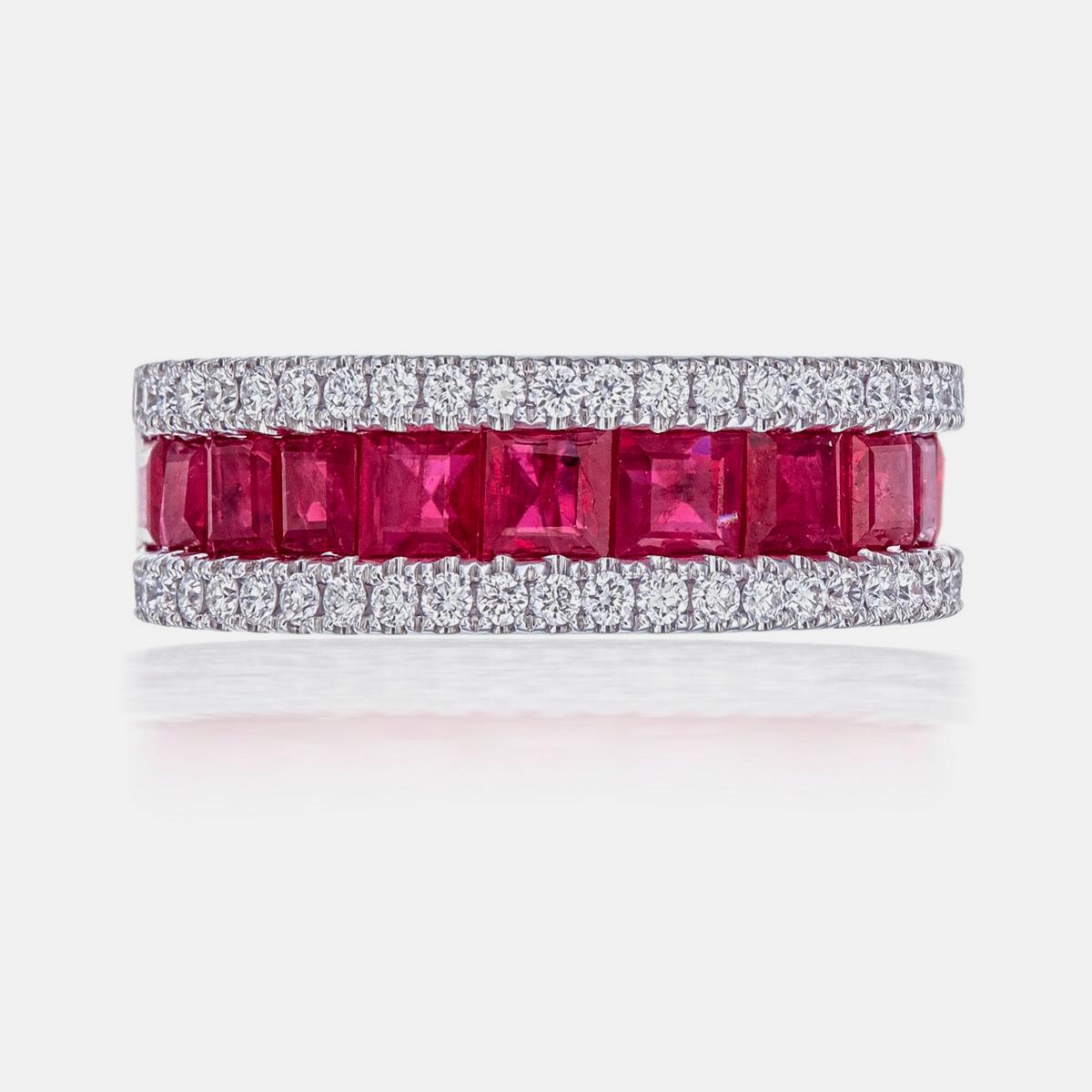 Square Cut Ruby and Diamond RIng in 18K White Gold For Sale