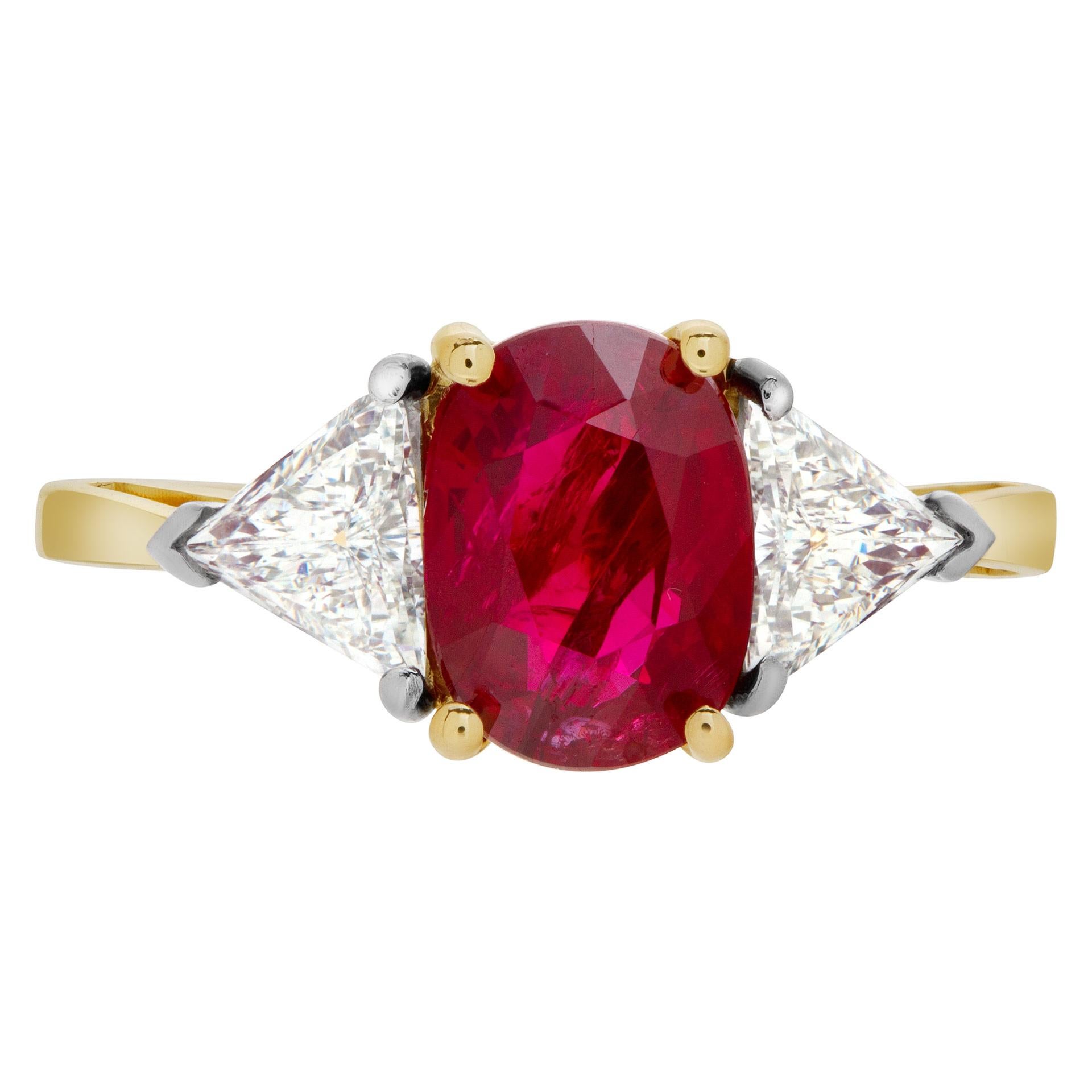 ESTIMATED RETAIL $26000 - YOUR PRICE $19500 - GIA certified diamonds 0.29 carat and 0.33 carat (I color, VS1 clarity) and AGL certified oval ruby 2.34 carat ring set in 18k yellow gold and platinum. Size 6.25. This AGL certified ring is currently