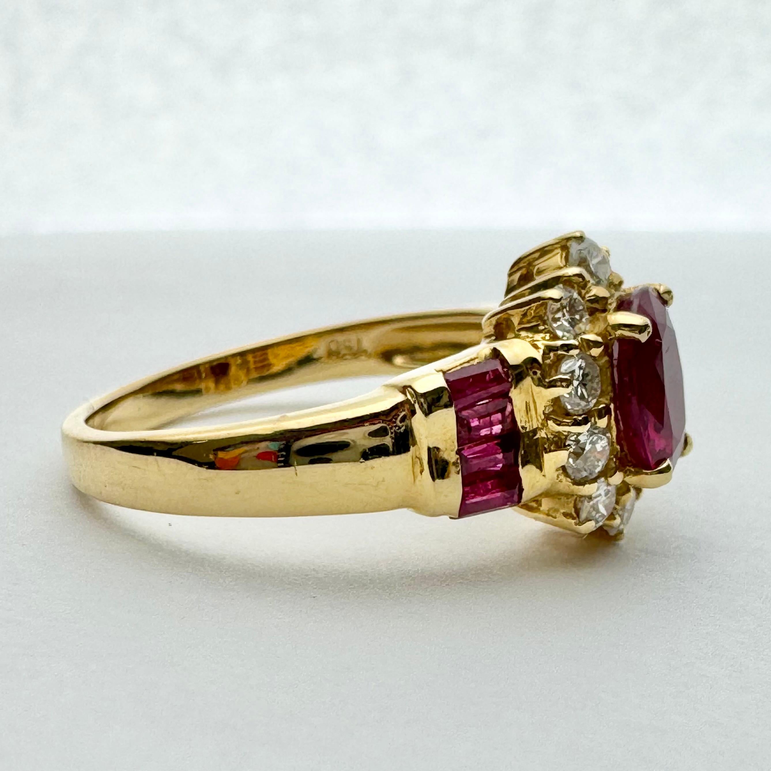 Beautiful vintage ruby and diamond ring in 18k yellow gold.
Rich red ruby, surrounded by dazzling halo of white round brilliant diamonds and addition accent stones of tapered baguette rubies along the sides. Center oval ruby is approximately 1 carat