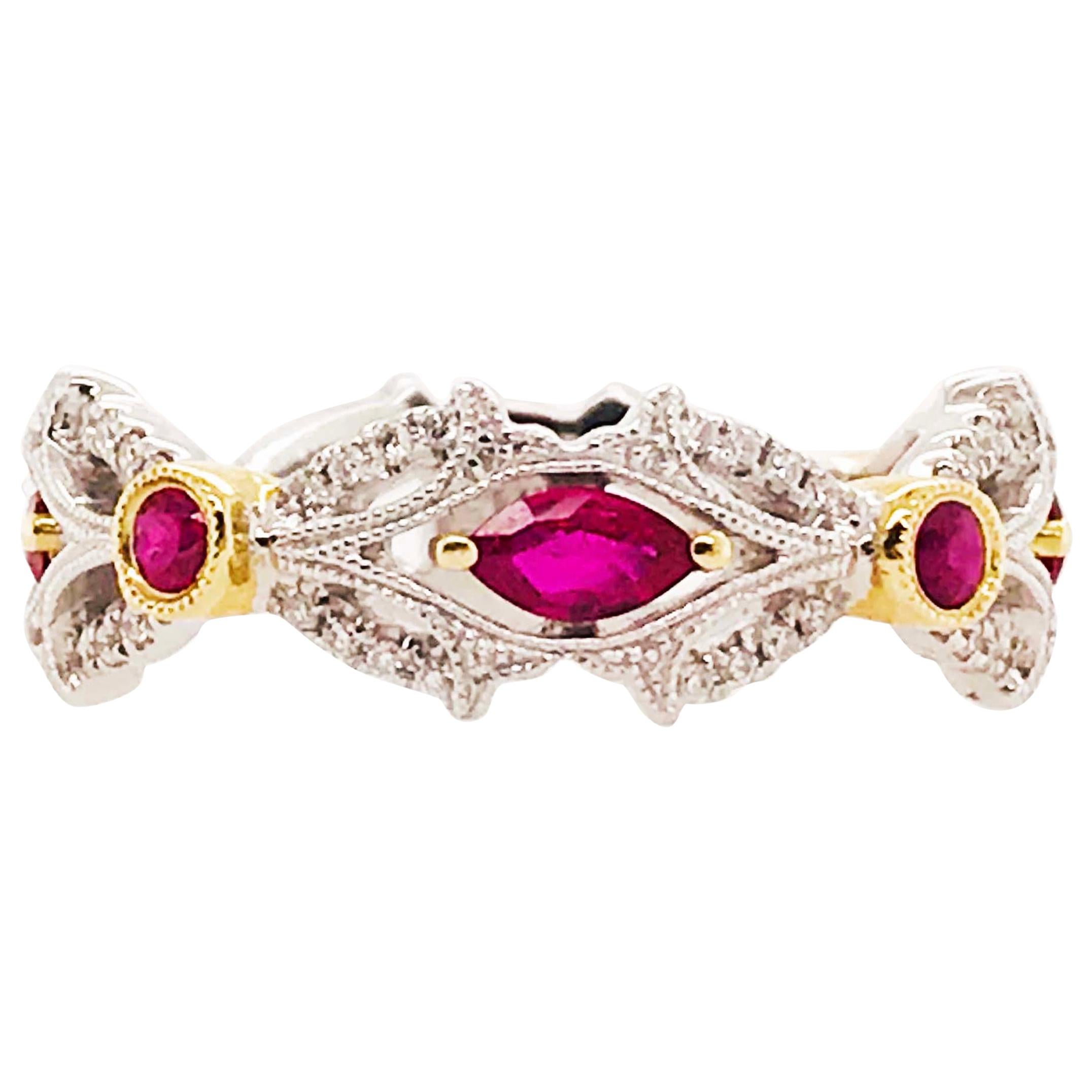 Ruby and Diamond Ring, July Birthstone Two-Tone Band White and Yellow Gold Ring