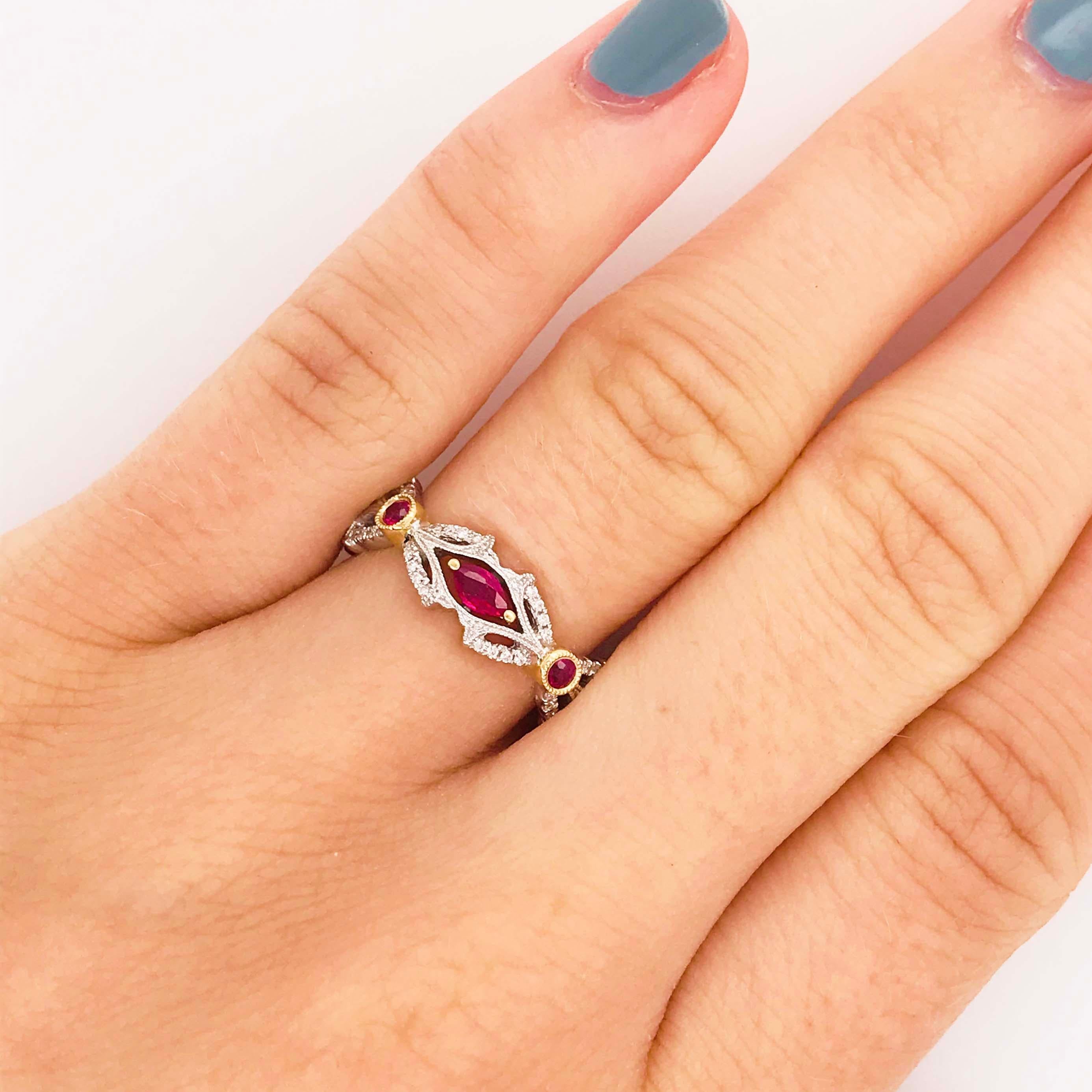 The unique ruby and diamond band has a very artistic and creative design that is one of a kind and very special! The ruby and diamond ring has marquise shaped ruby gemstones set horizontally in yellow gold prongs. The marquise rubies are framed with