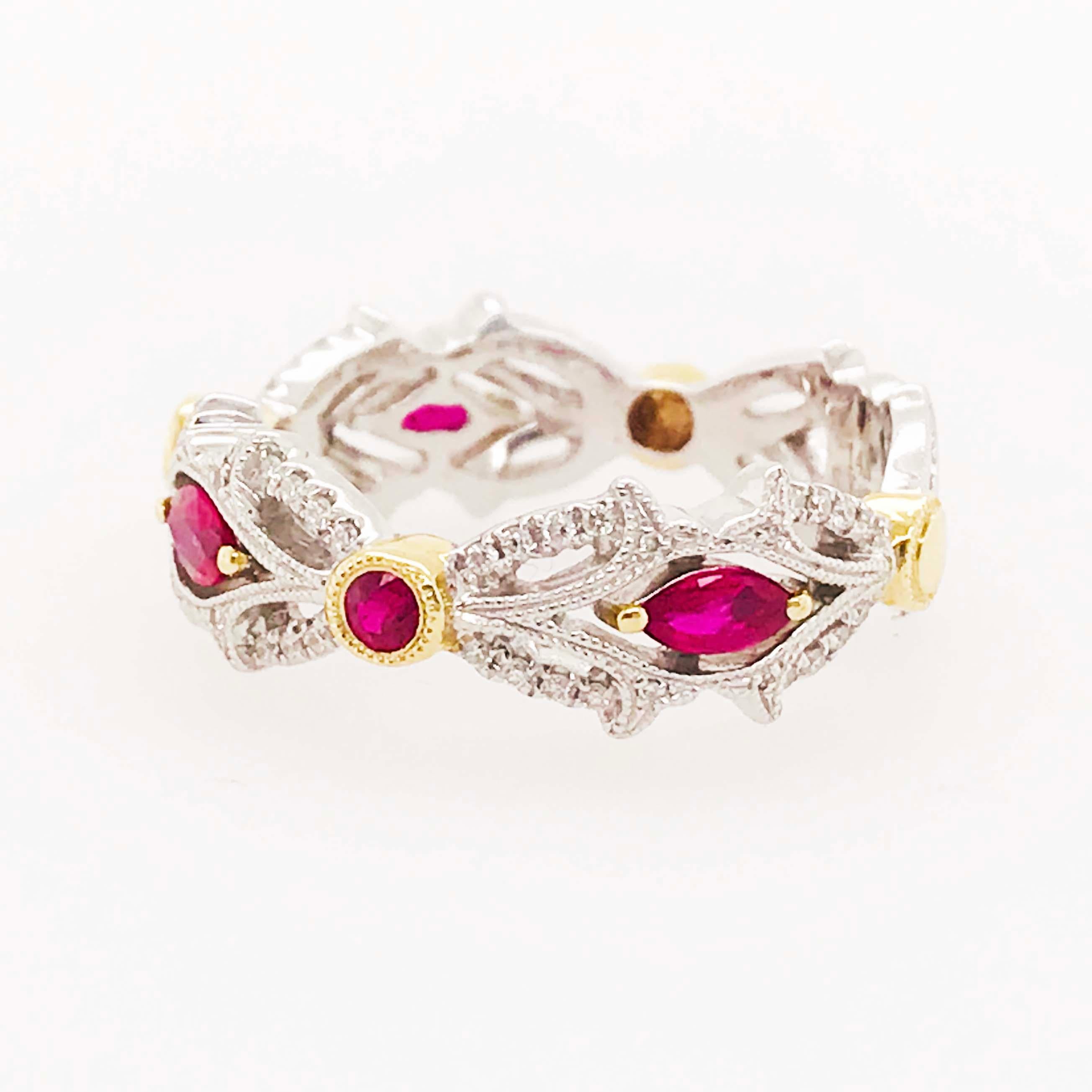 Artisan Ruby and Diamond Ring, July Birthstone Two-Tone Band White and Yellow Gold Ring