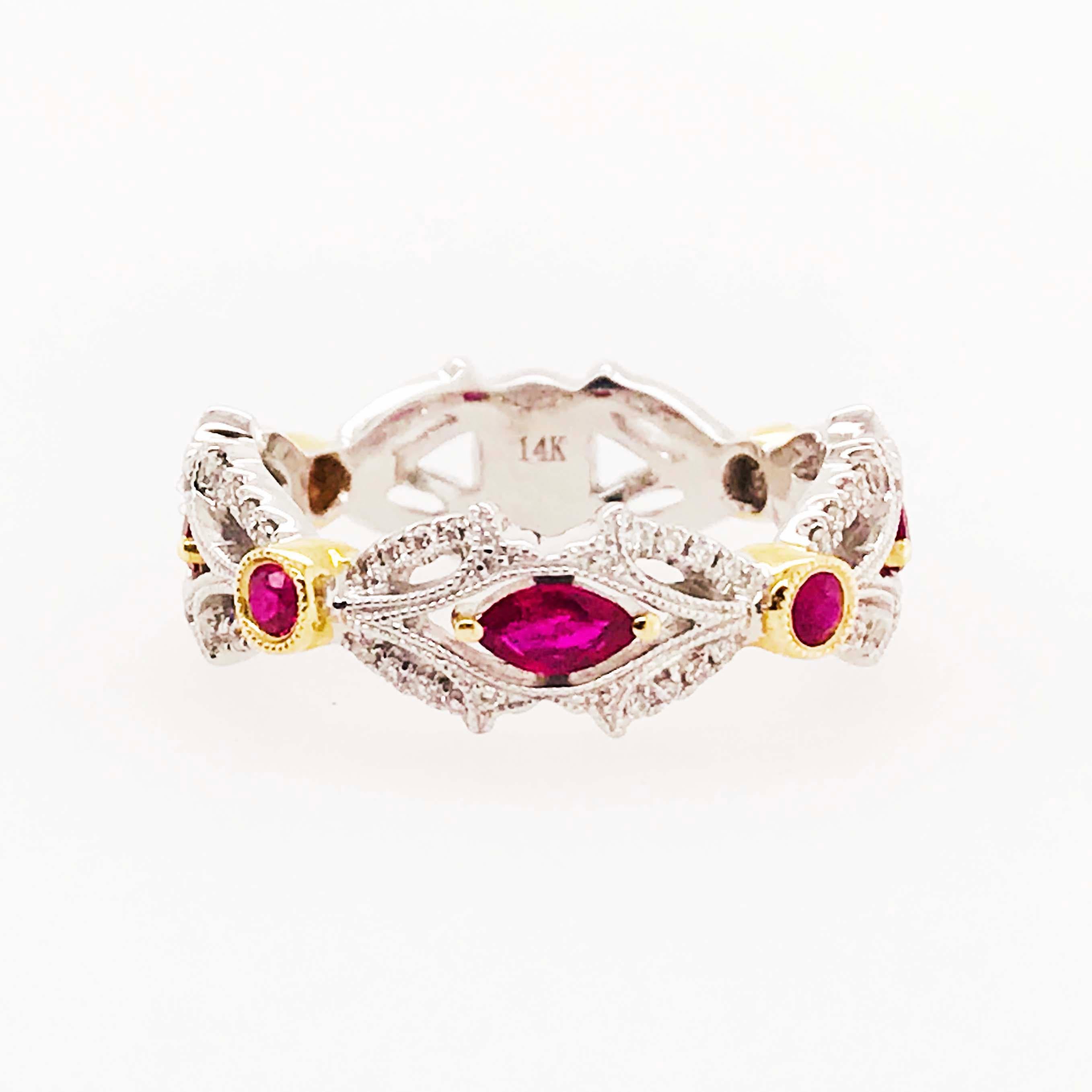 Marquise Cut Ruby and Diamond Ring, July Birthstone Two-Tone Band White and Yellow Gold Ring