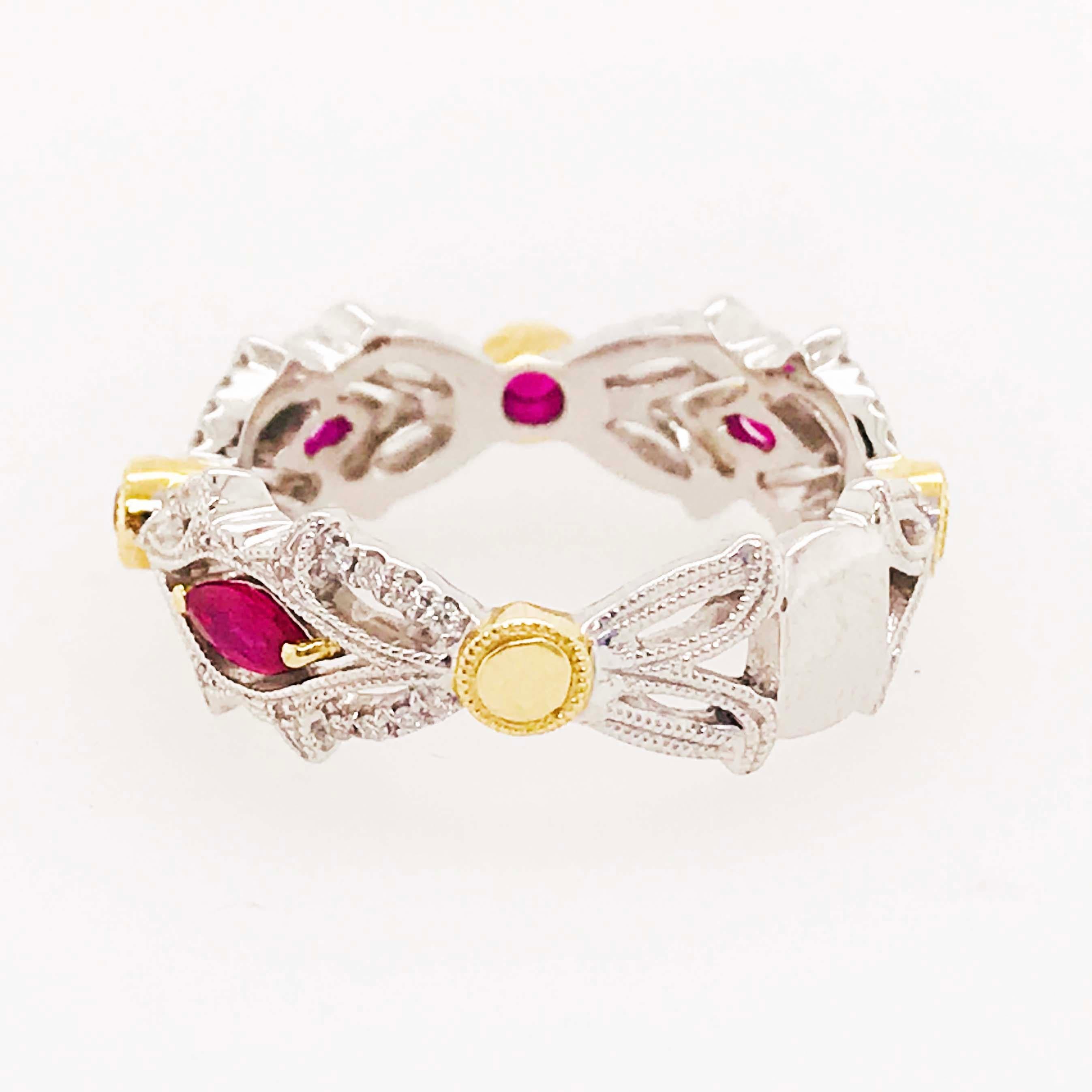 Ruby and Diamond Ring, July Birthstone Two-Tone Band White and Yellow Gold Ring In New Condition In Austin, TX