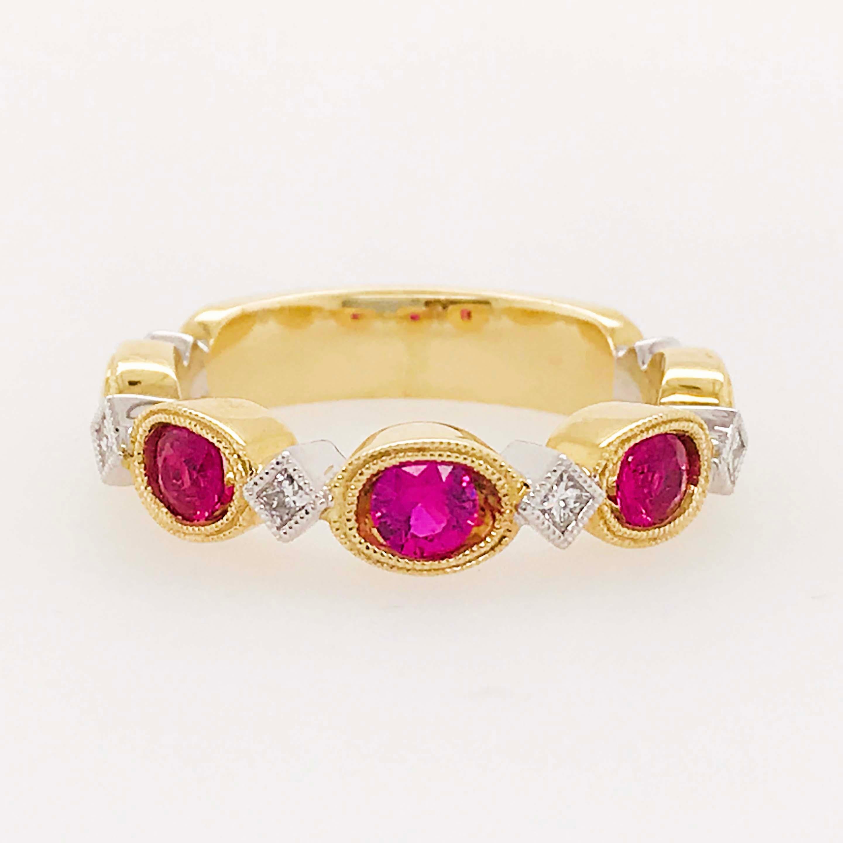 This bold and vibrant ruby and diamond band is such a special, fine jewelry piece. With genuine, natural red ruby gemstones set in rich yellow gold. The rubies are round, faceted gemstones that are set in oval, milgrain bezels. The oval settings