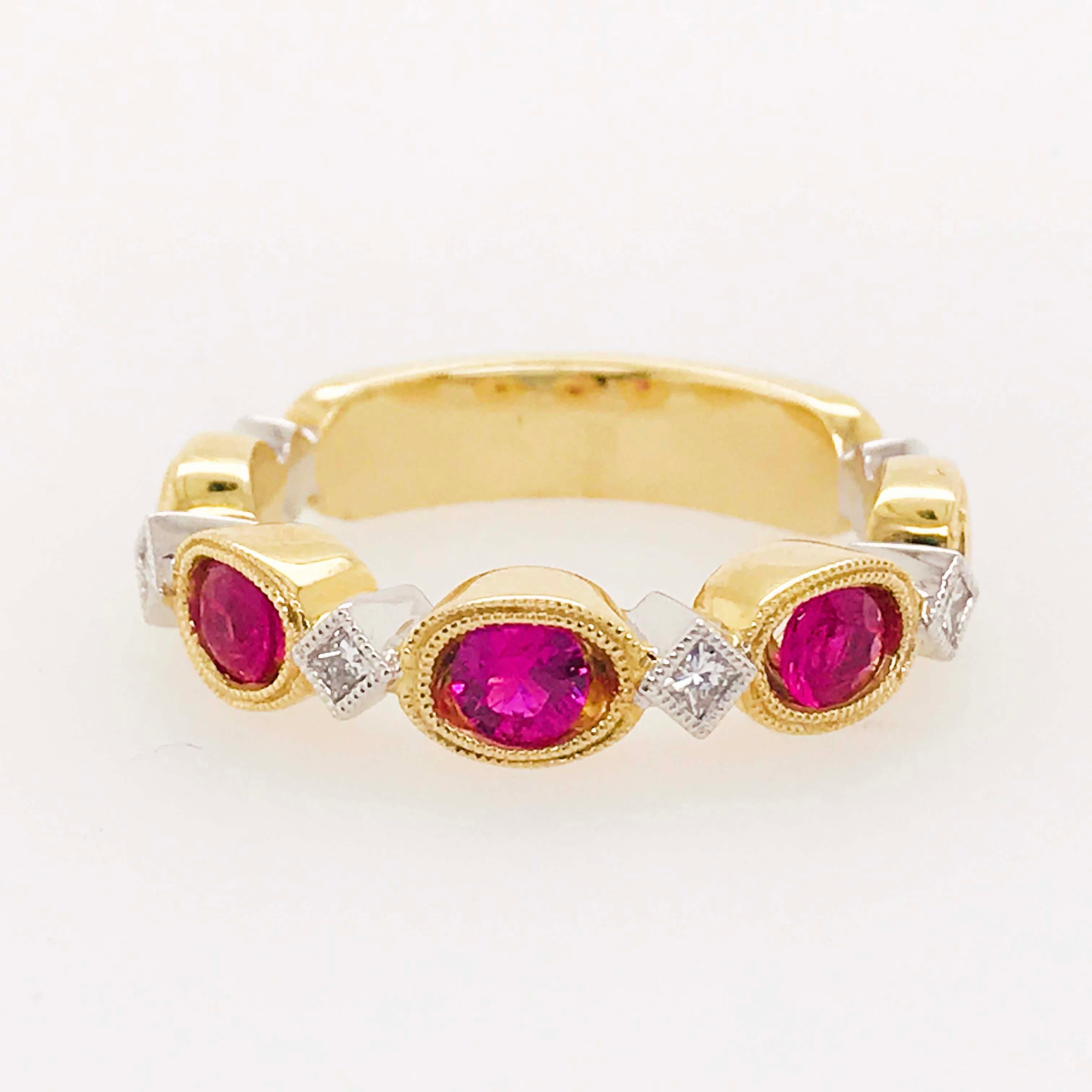 Ruby and Diamond Ring, July Birthstone Two-Tone Diamond Band White Yellow Gold In New Condition In Austin, TX