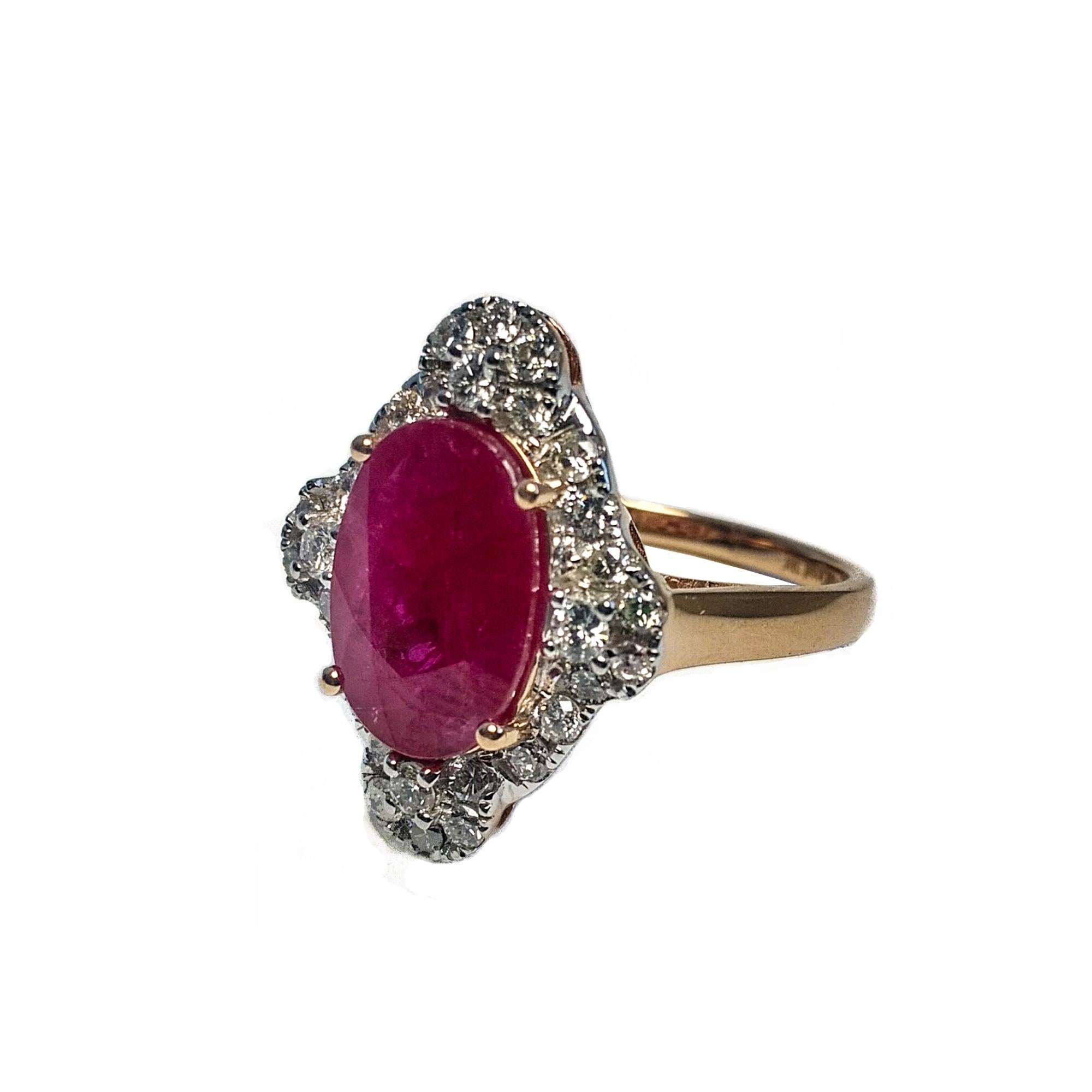 Glamorous design, crimson red, oval faceted ruby ring, set in high profile mount with 4 prongs, lively color ruby, accented with sparkling round brilliant cut diamonds with basket design back, beautiful craftsmanship in 18 karat yellow gold with GIA