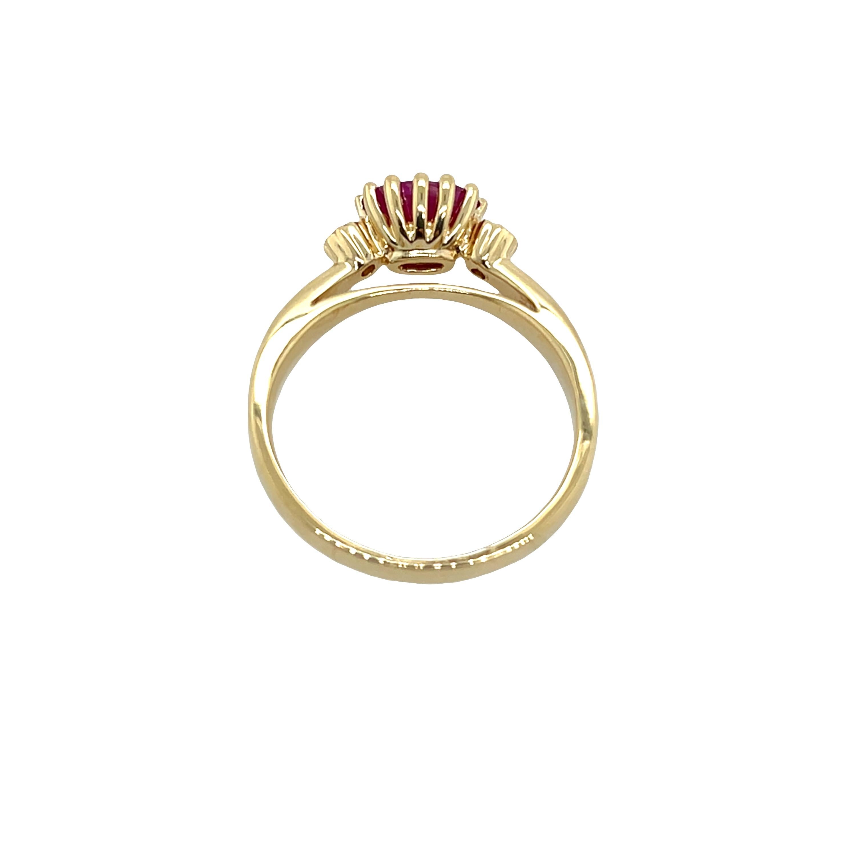 A stunning 18ct yellow gold ring set with an oval natural ruby at it's center, beautifully accented by 2 natural round diamonds, creating an elegant and timeless piece.

Total Diamond Weight: 0.06ct 
Diamond Colour: G
Diamond Clarity: VS1
Total Ruby